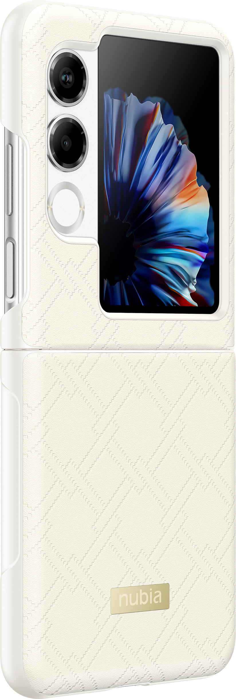 Egy krémszínű, felhajtható telefon kamerákkal és színes képernyőháttérrel.