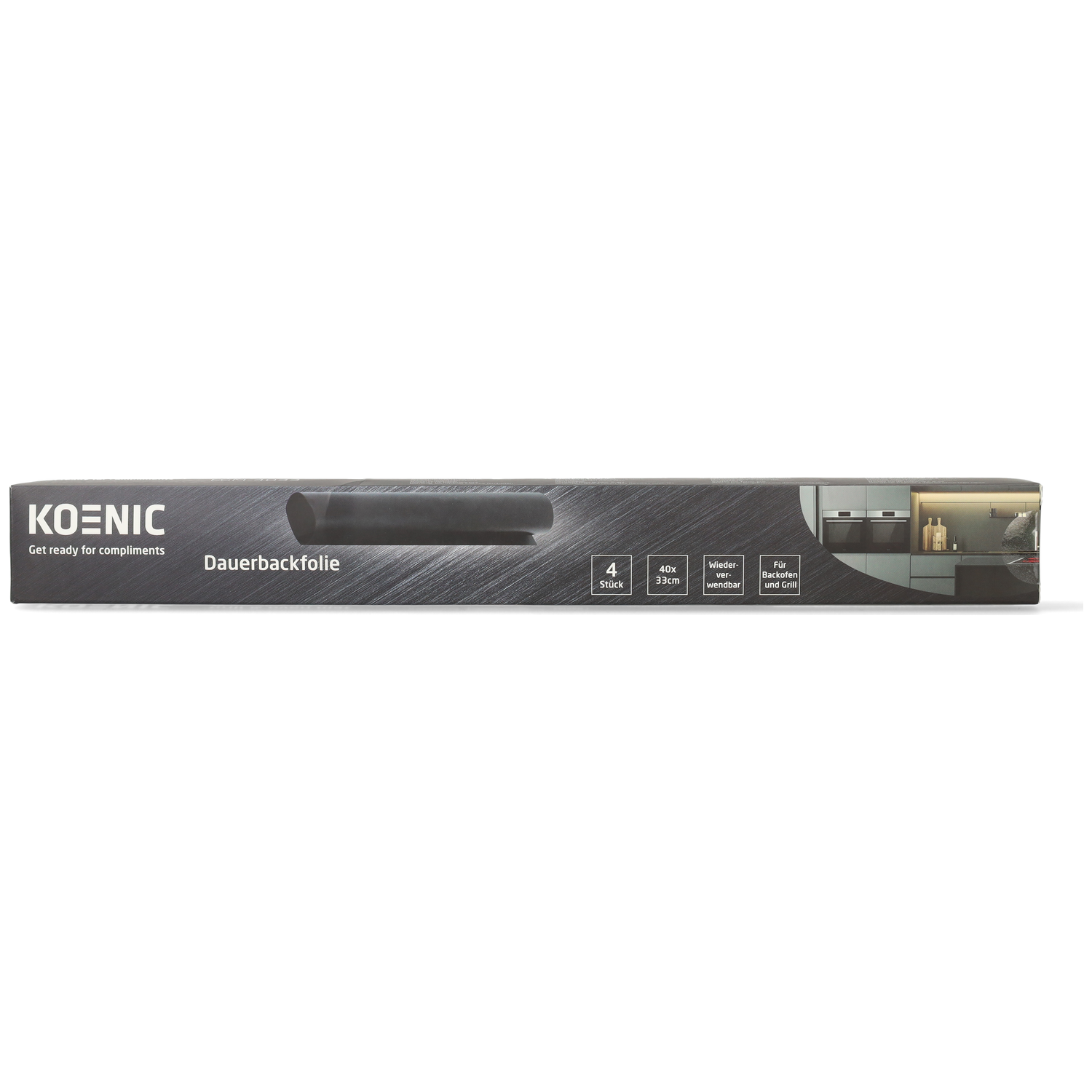 Verpakking voor herbruikbaar bakpapier met Koenic logo en keukenafbeelding.