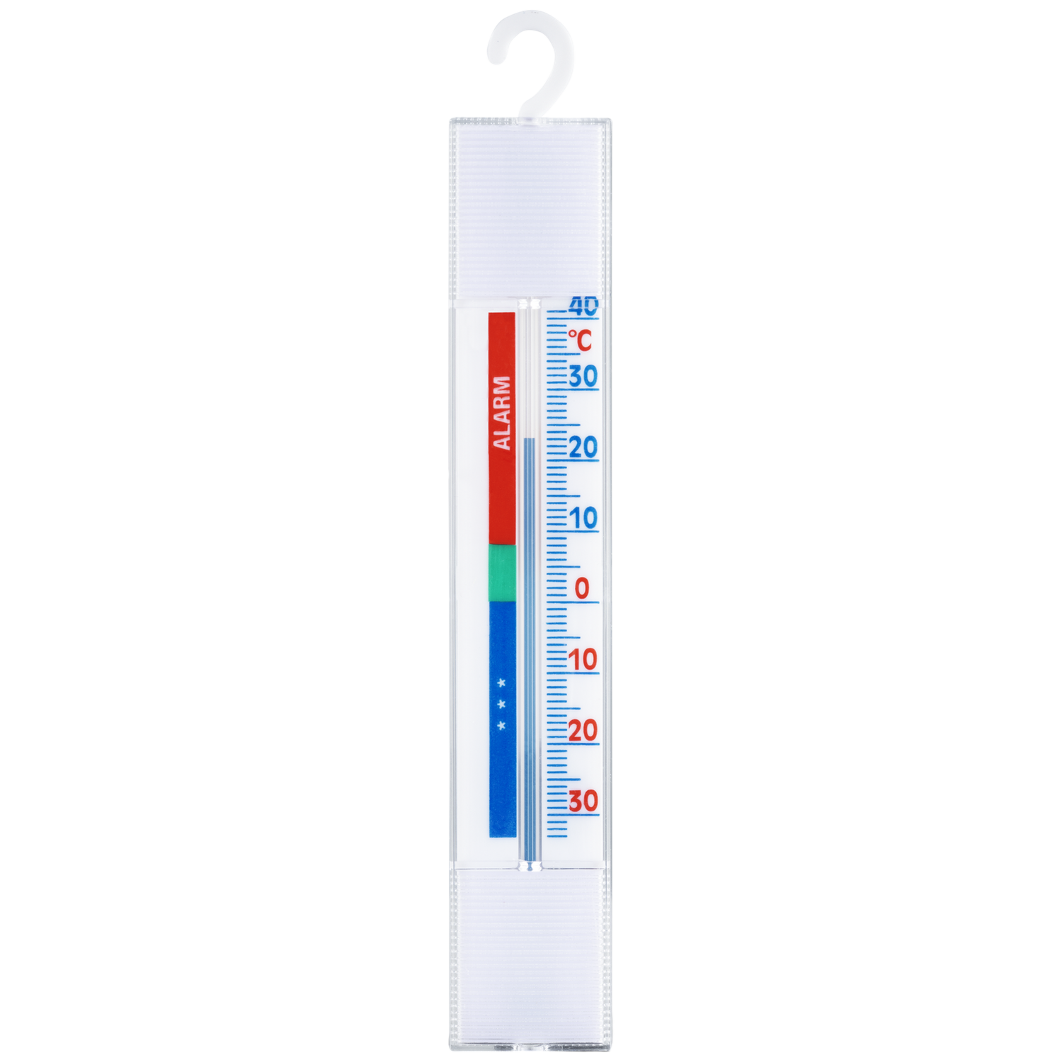 Een witte thermometer met rode en blauwe strepen en een haak.