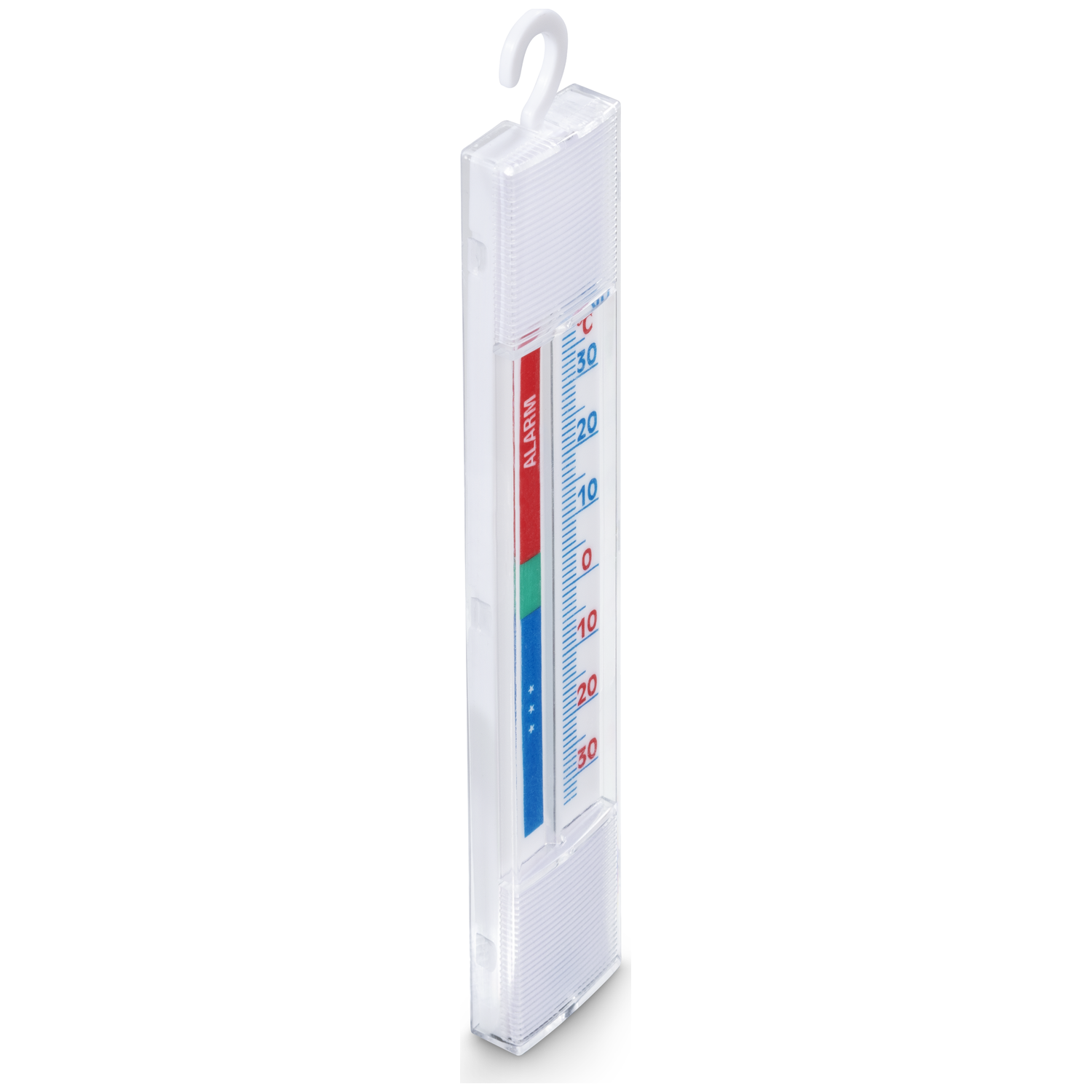 Een witte thermometer met een schaal van -30 tot 30 graden Celsius.