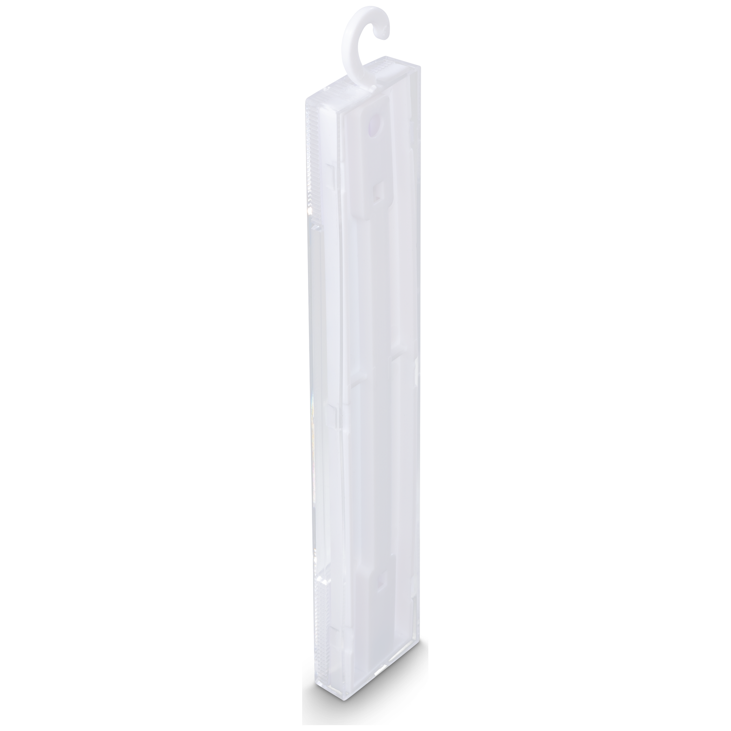 Een doorzichtige hangende container met een haak bovenaan, op witte achtergrond.