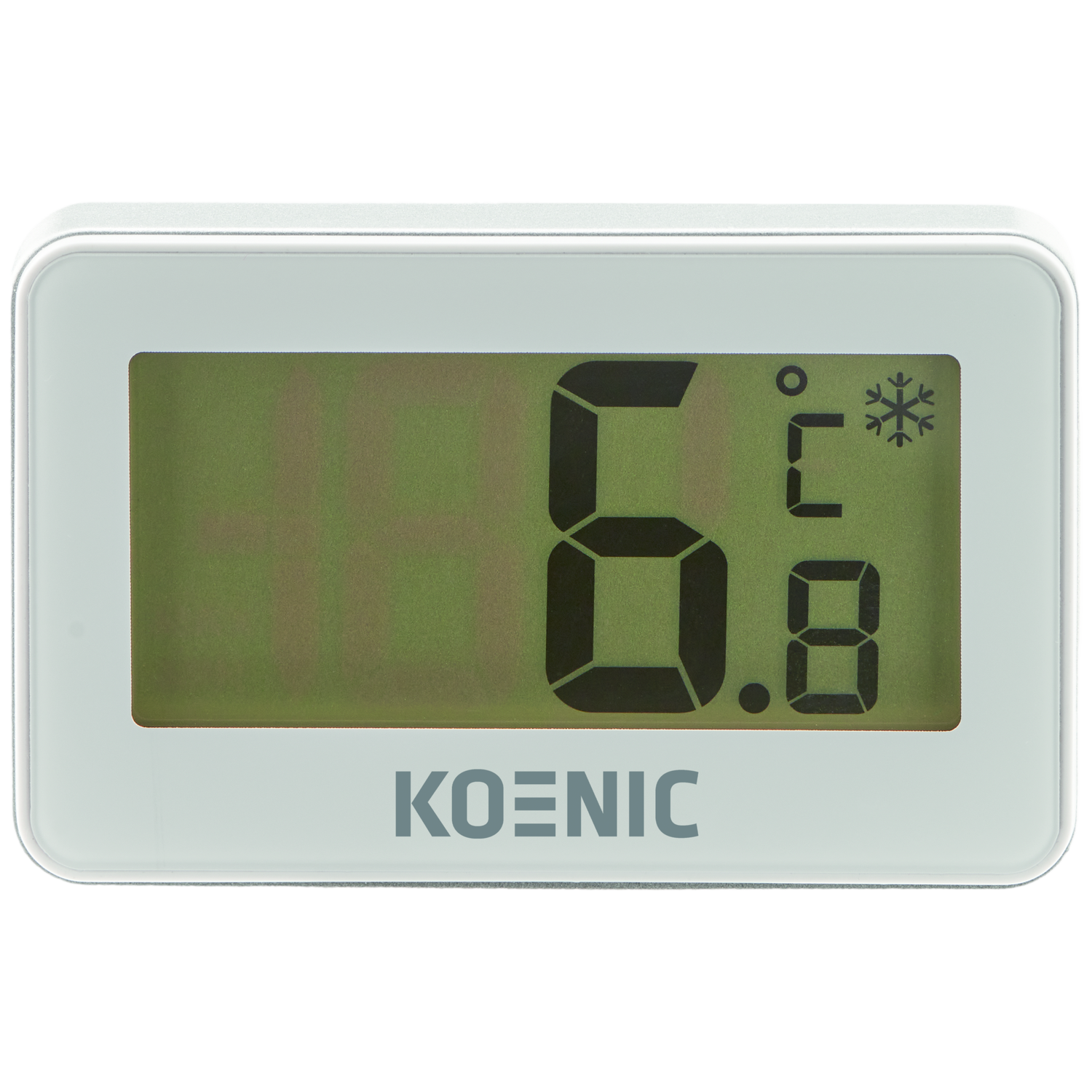 Een witte digitale thermometer toont 6,8 graden Celsius en een sneeuwvlok-icoon.