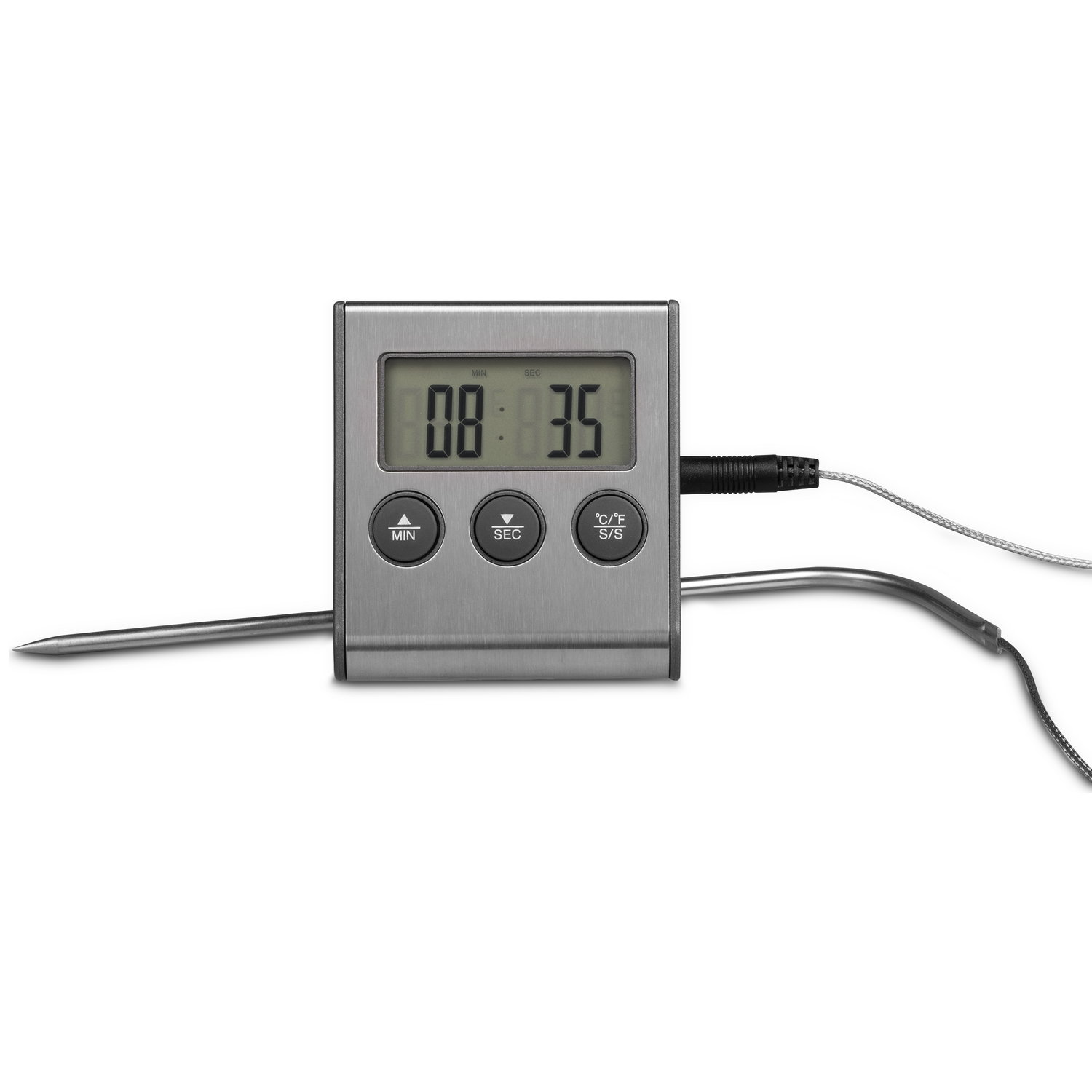 Digital meat thermometer with metal probe and LCD display shows 08:35.