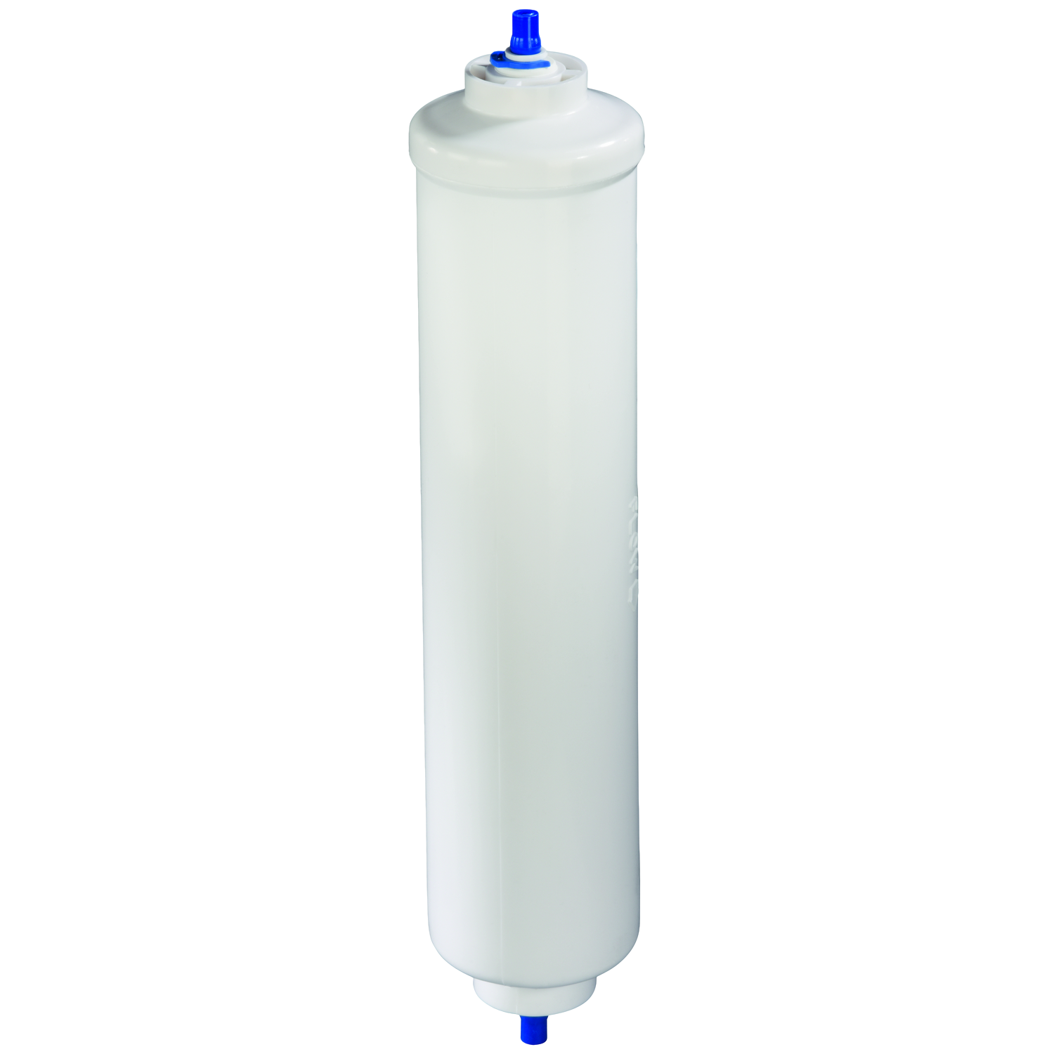 Een witte waterfilter met blauwe doppen aan beide uiteinden.