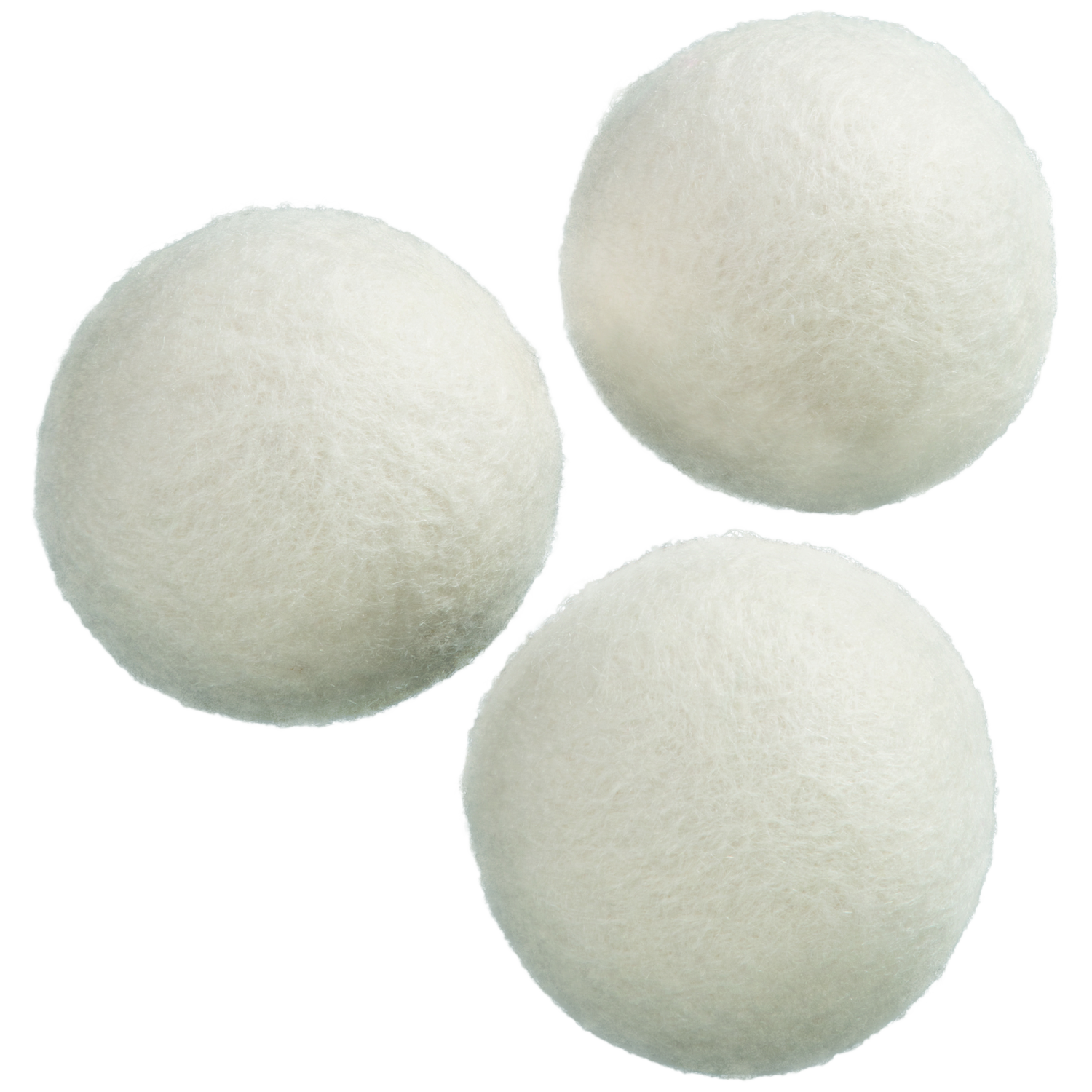 Drie witte wollen ballen op een zwarte achtergrond.