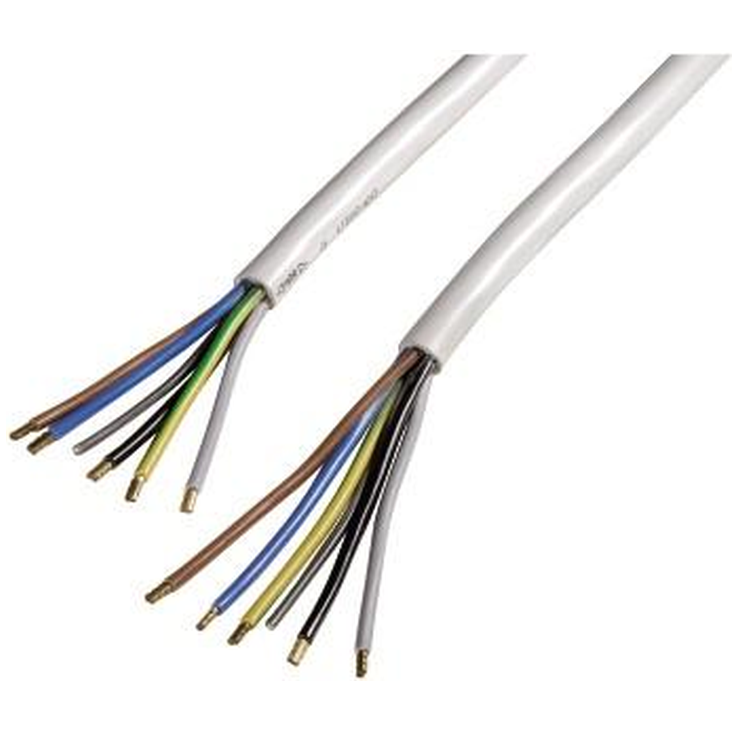 Twee witte kabels met blootliggende gekleurde draden op witte achtergrond.
