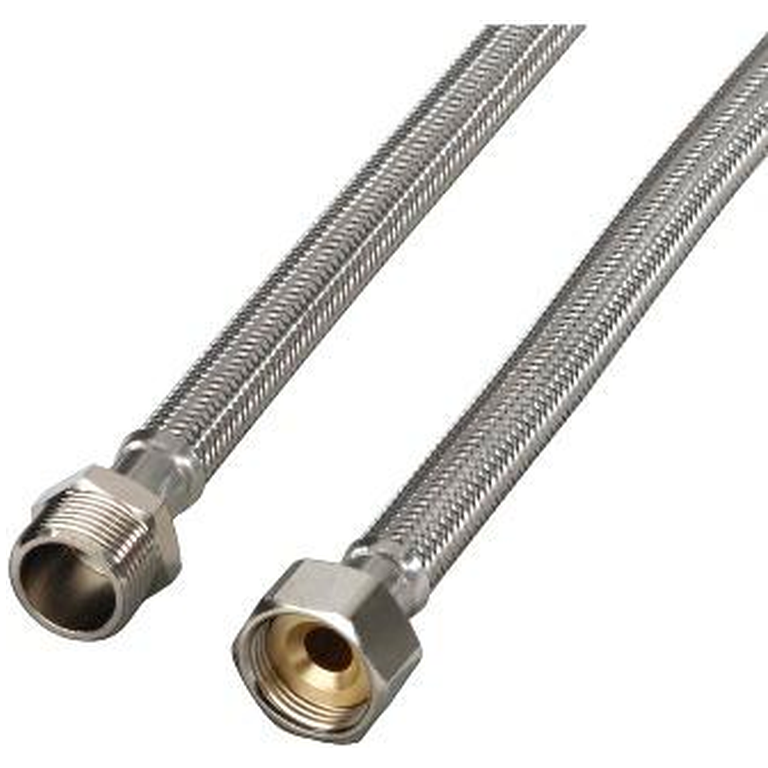 Two flexible metal hoses with fittings on a white background.