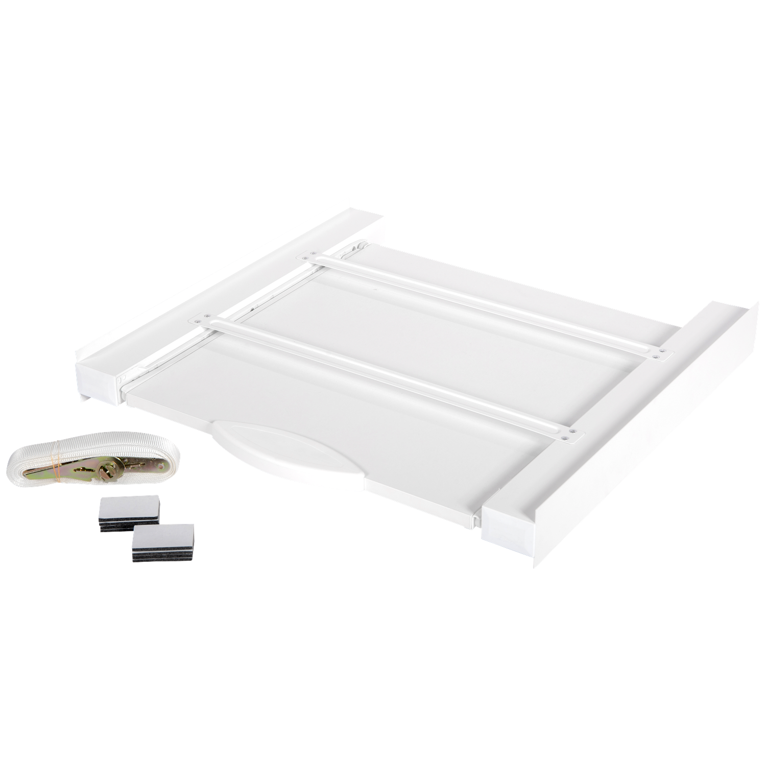 A white metal washing machine pedestal with a strap and two adhesive pads.