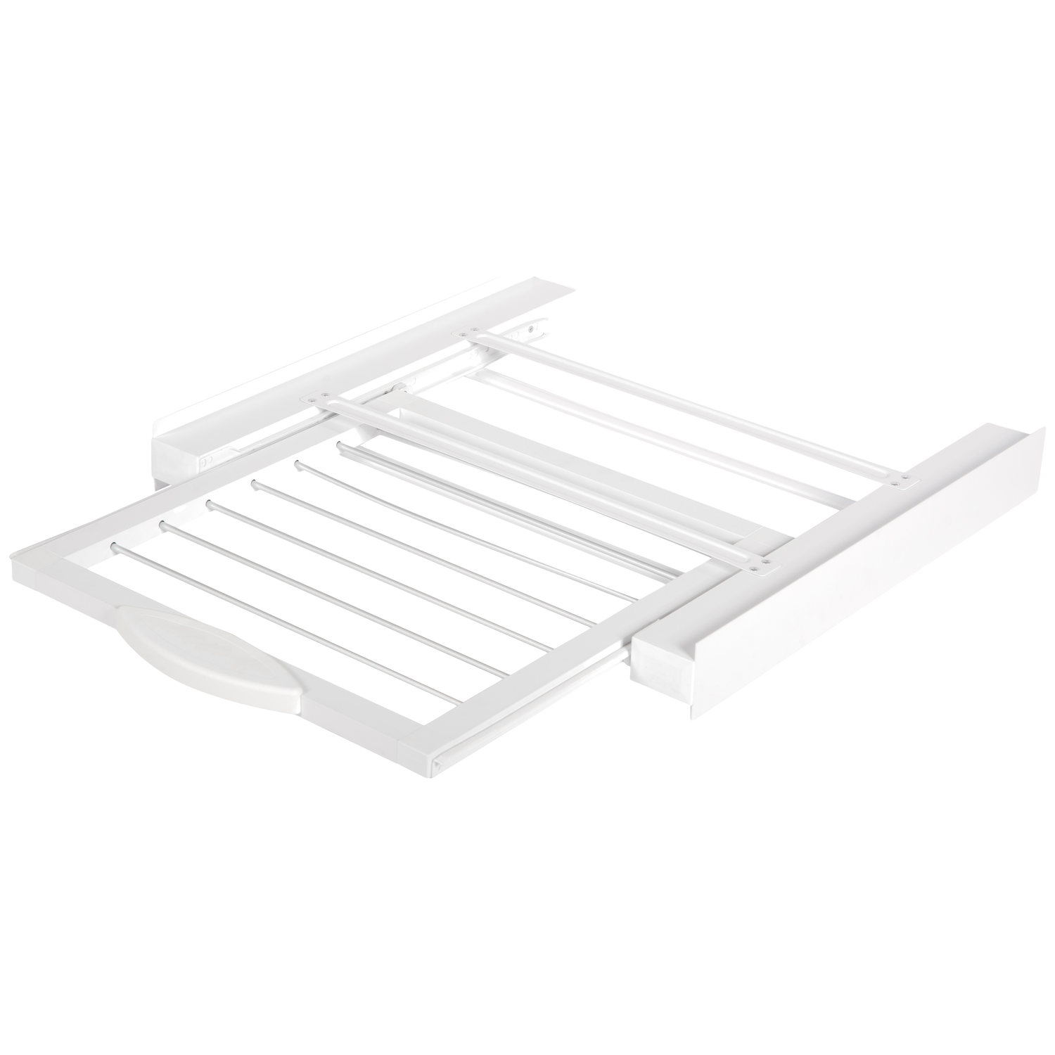 A white retractable drying rack with multiple bars on a white background.