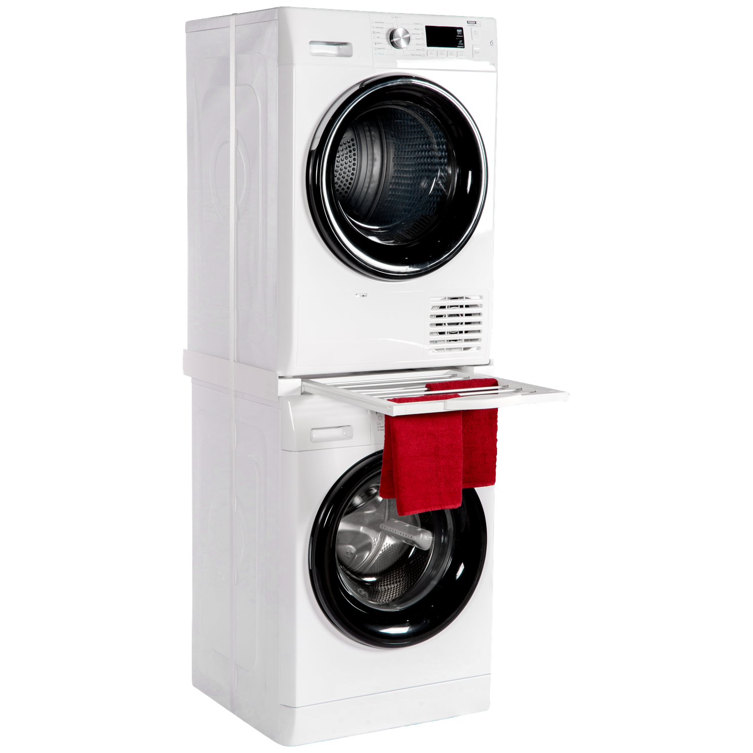A white washing machine beneath a white dryer with red towels.