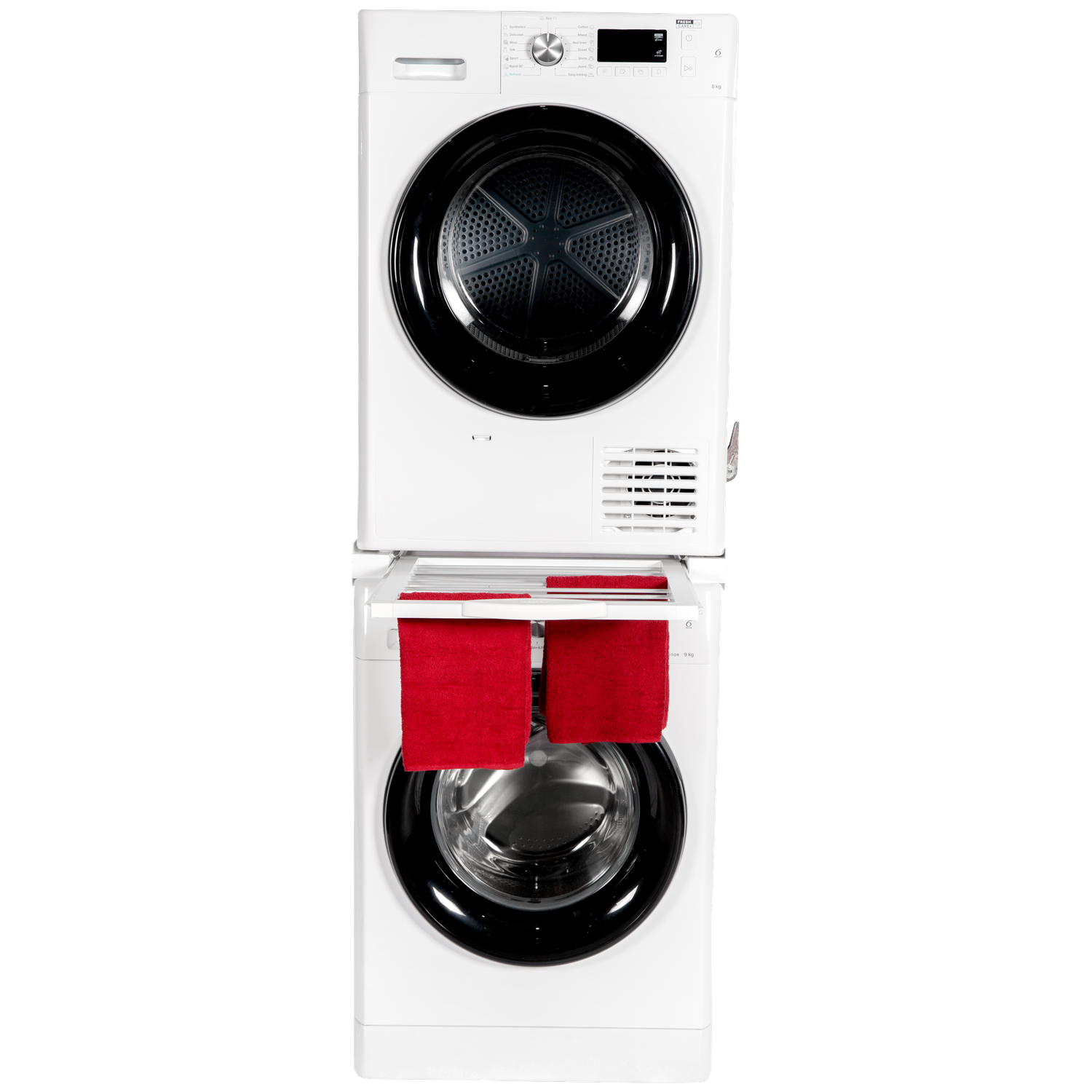 A white dryer stacked on a washing machine with red towels hanging.