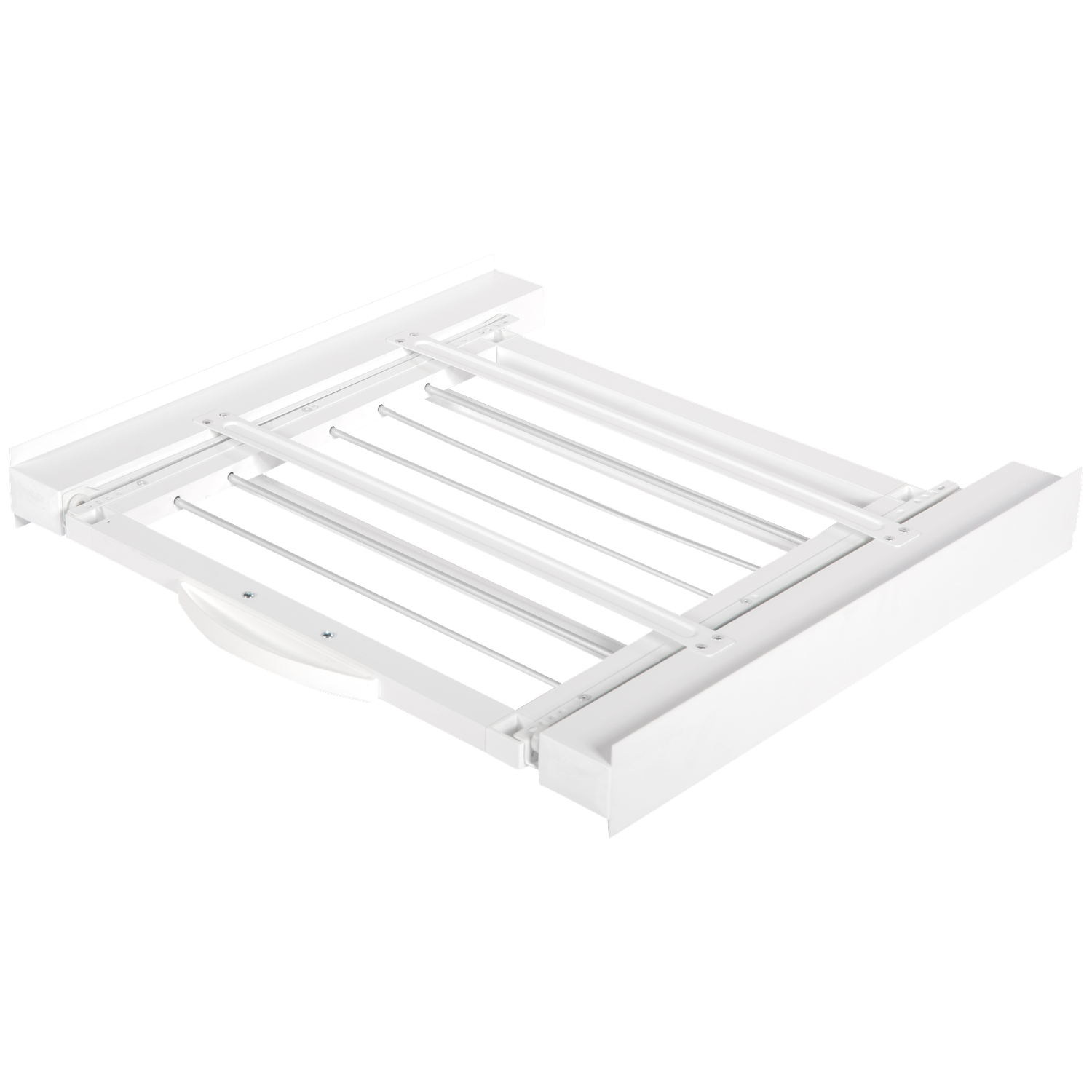 A white, retractable metal drying rack with multiple bars.