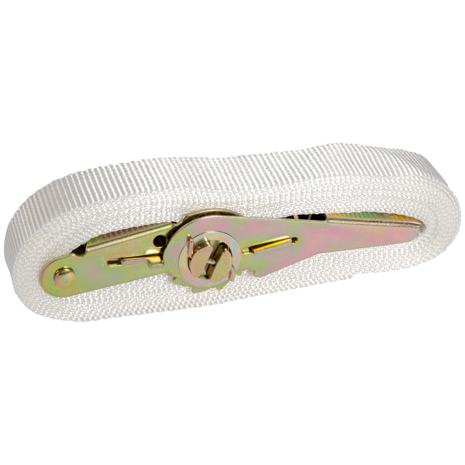 White ratchet strap with silver metal mechanism on a black background.