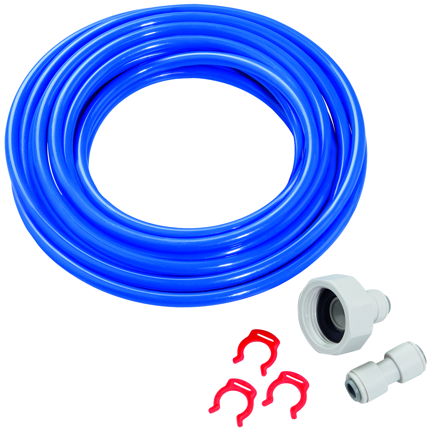 Blauwe slang opgerold met drie rode clips en witte koppelingen op zwarte achtergrond.