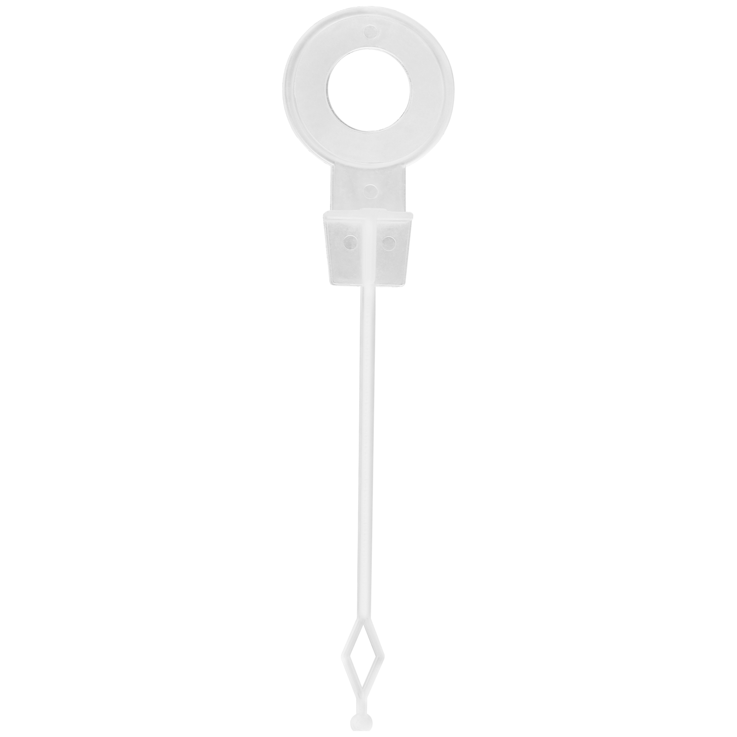 Een witte bellenblaasstok met ring, handvat en ruitvormige punt.