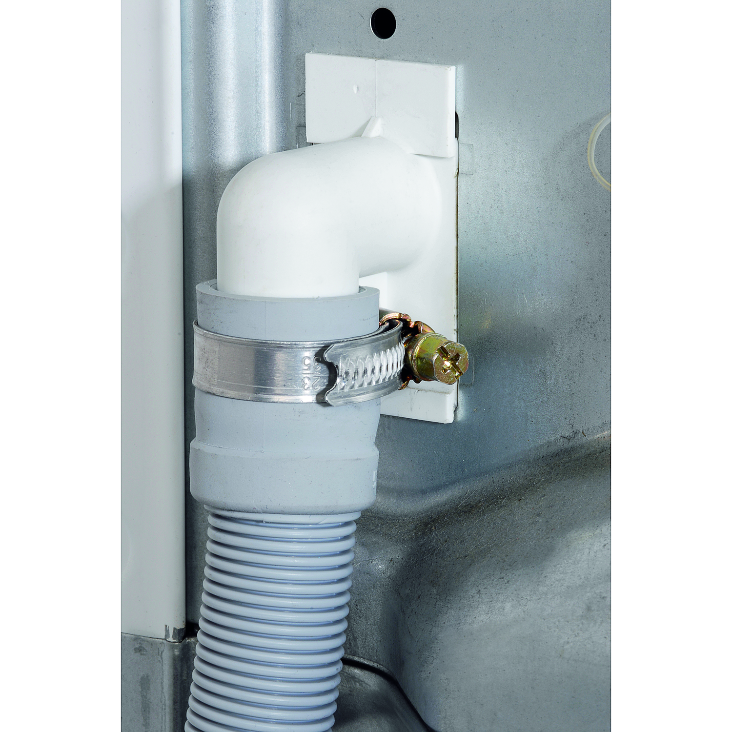 A white drain hose with a clamp attached to a washing machine.