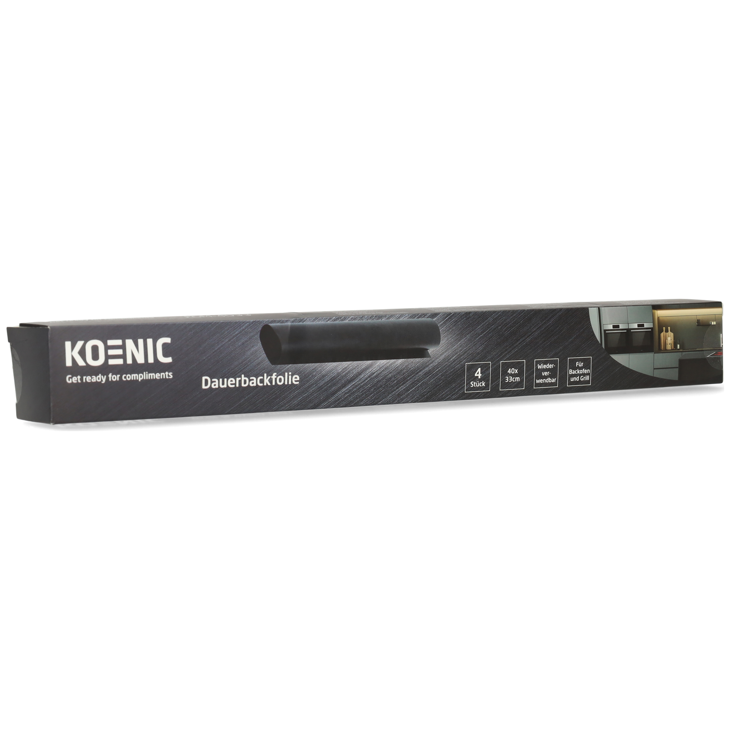 Verpakking voor herbruikbaar bakpapier met Koenic logo en keukenafbeelding.