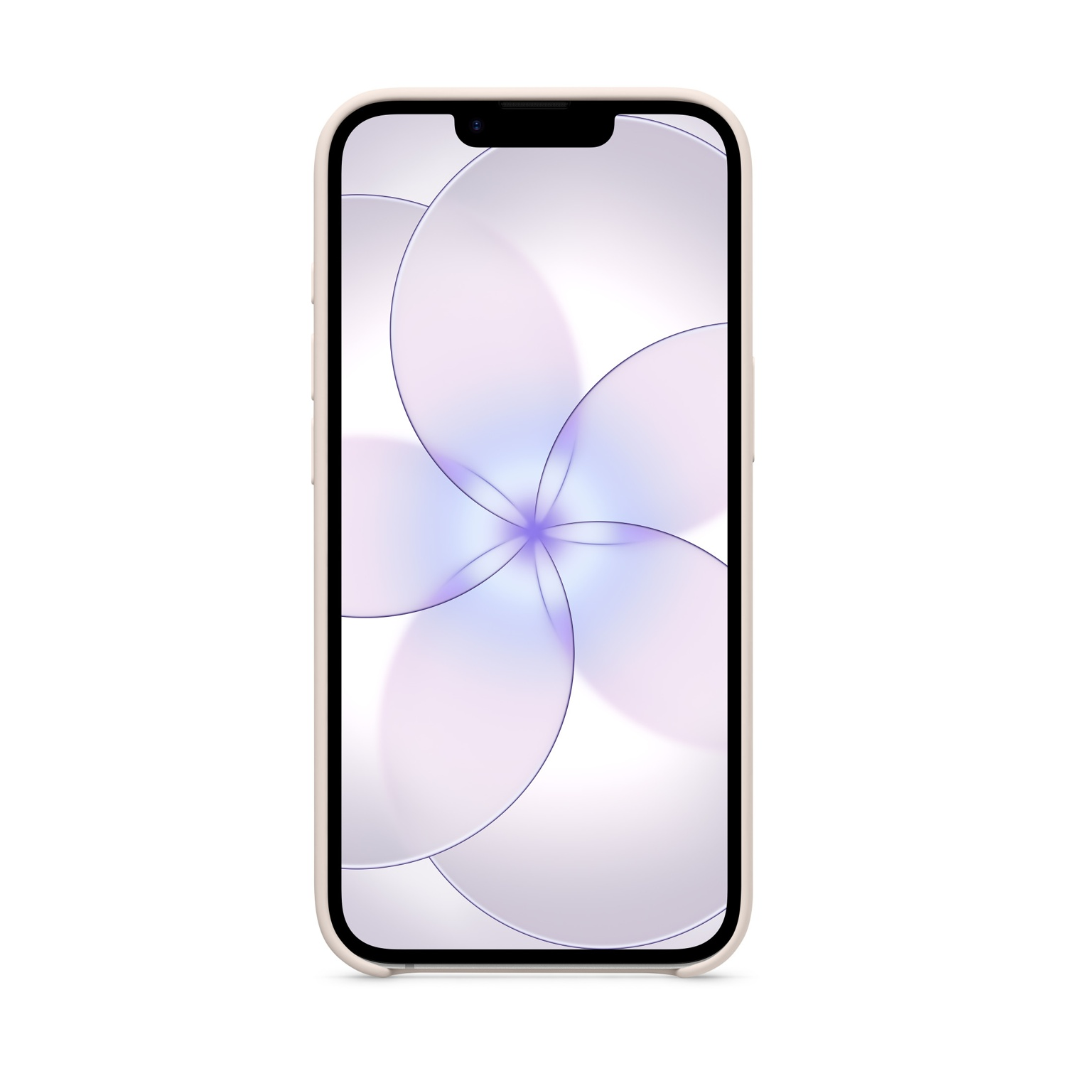 Uno smartphone di colore chiaro con uno sfondo viola e bianco simile a un fiore.