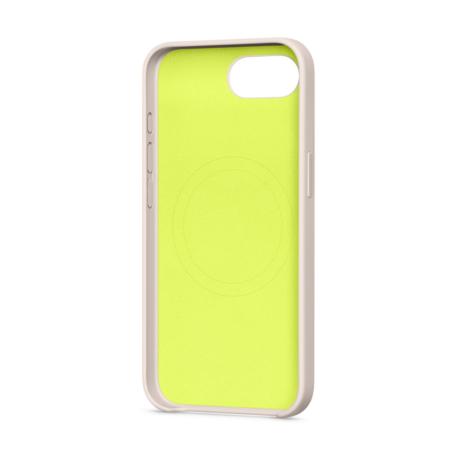 Una custodia per telefono verde brillante con bordo grigio argento su sfondo bianco.