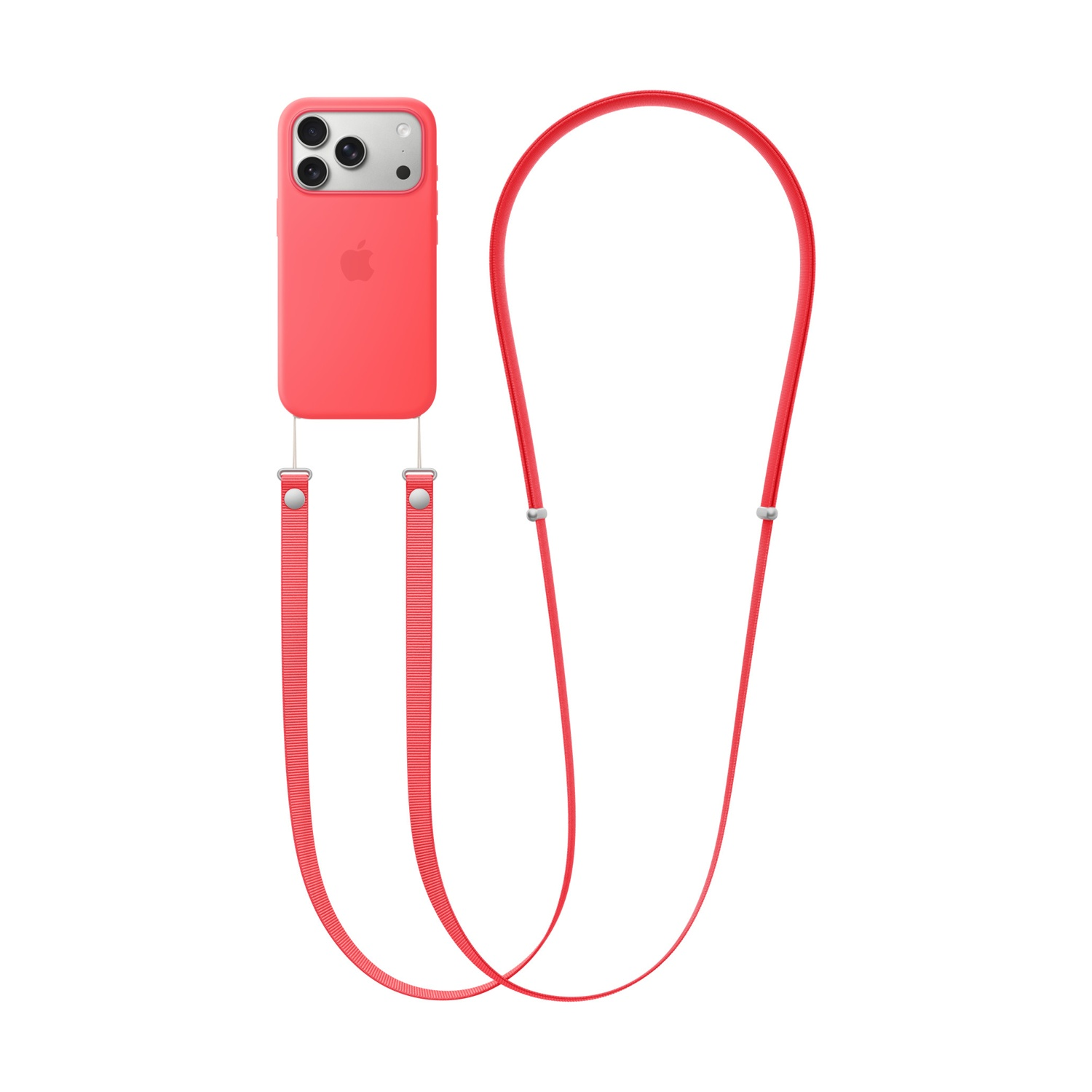 Custodia iPhone corallo con logo Apple e laccetto rosso attaccato.
