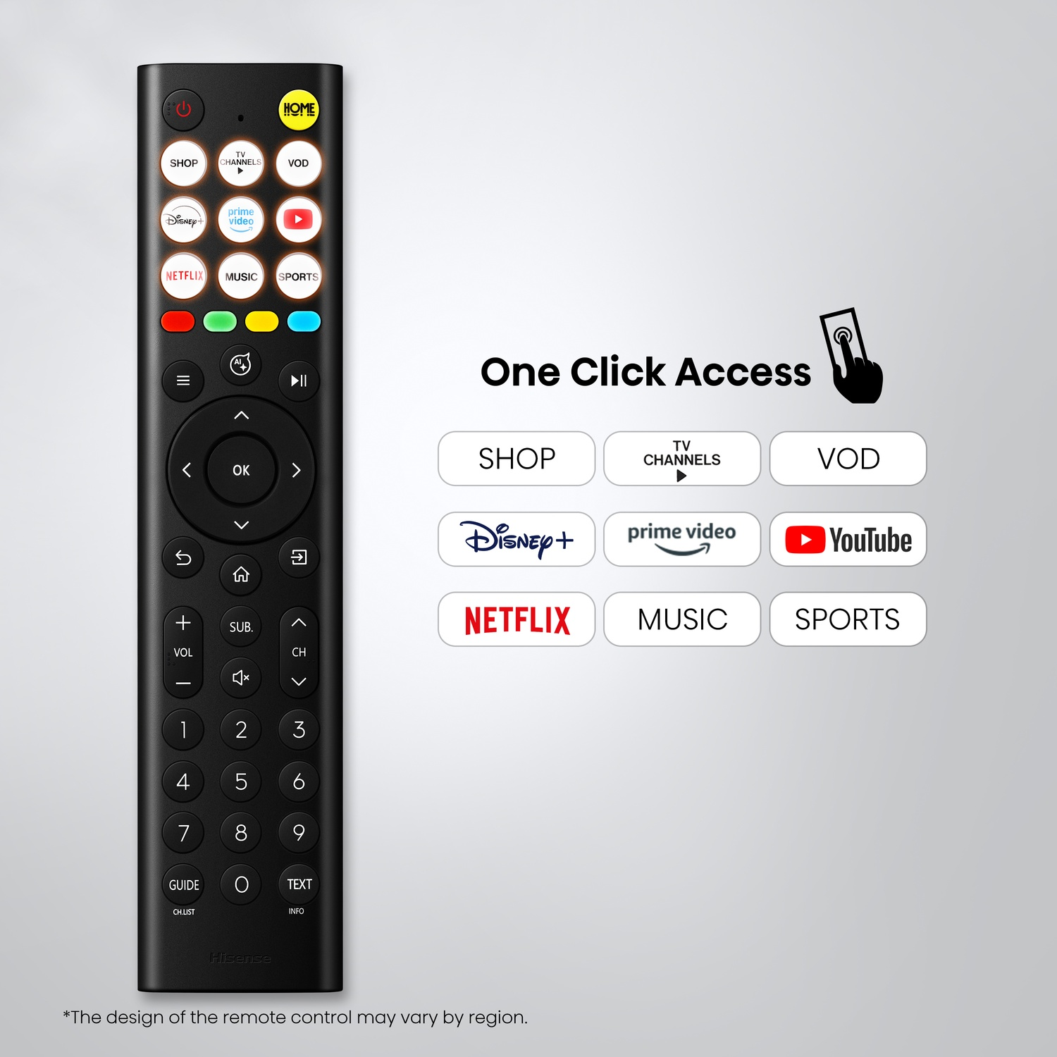Telecomando TV nero con pulsanti per app come Netflix, Disney+, YouTube e Prime Video.