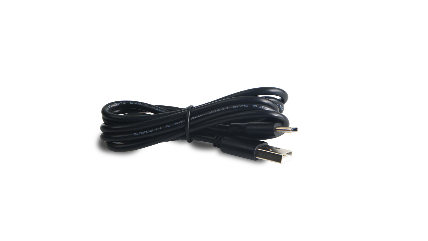 Cable USB negro con dos conectores redondos, enrollado.