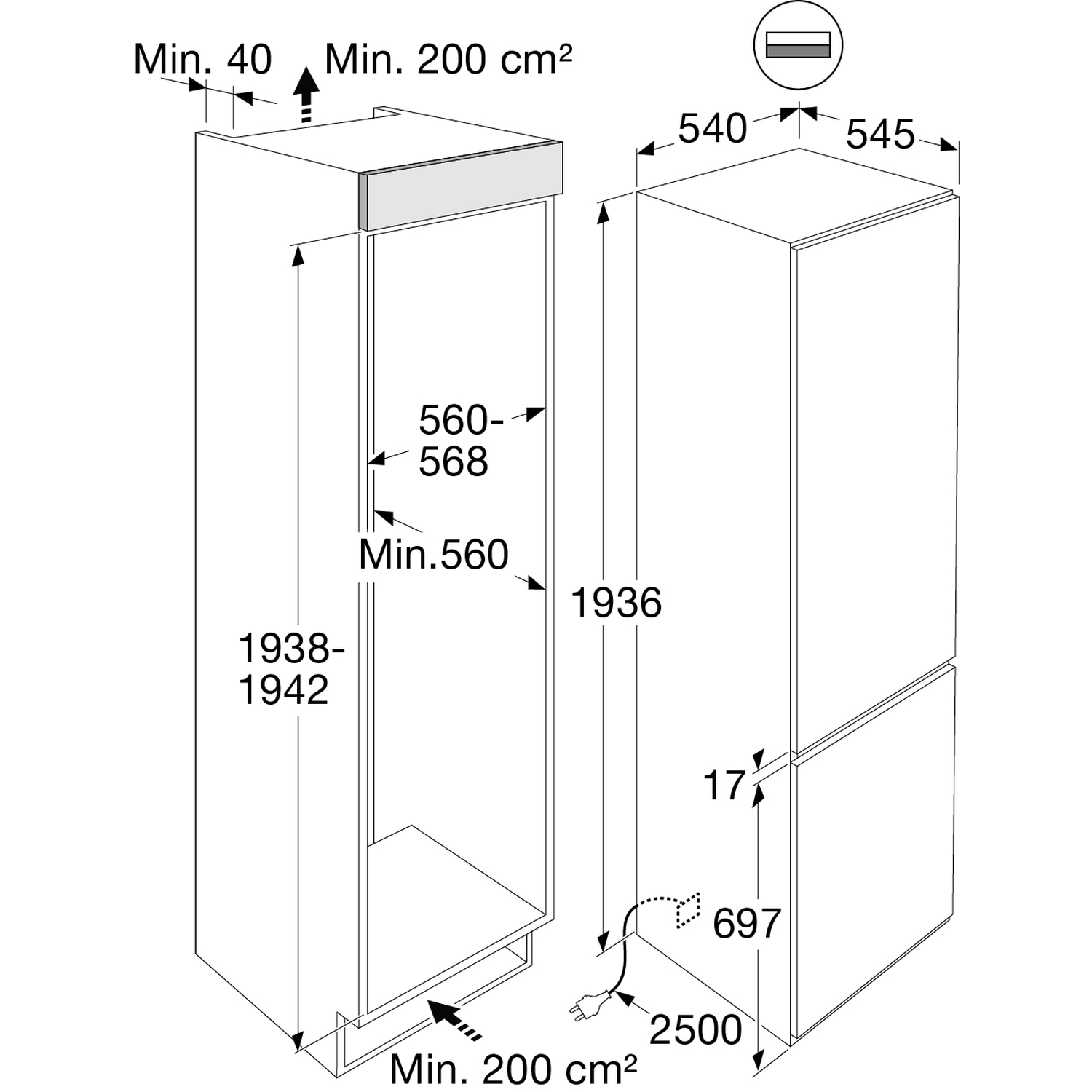 Technical drawing of a built-in refrigerator with dimensions and clearances.