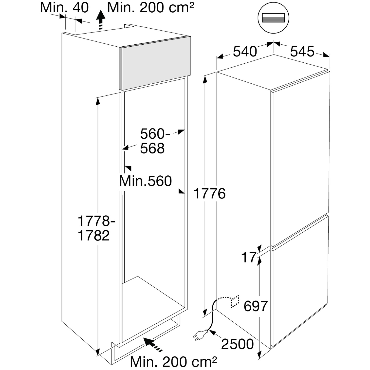 Technical drawing of a built-in refrigerator with dimensions.