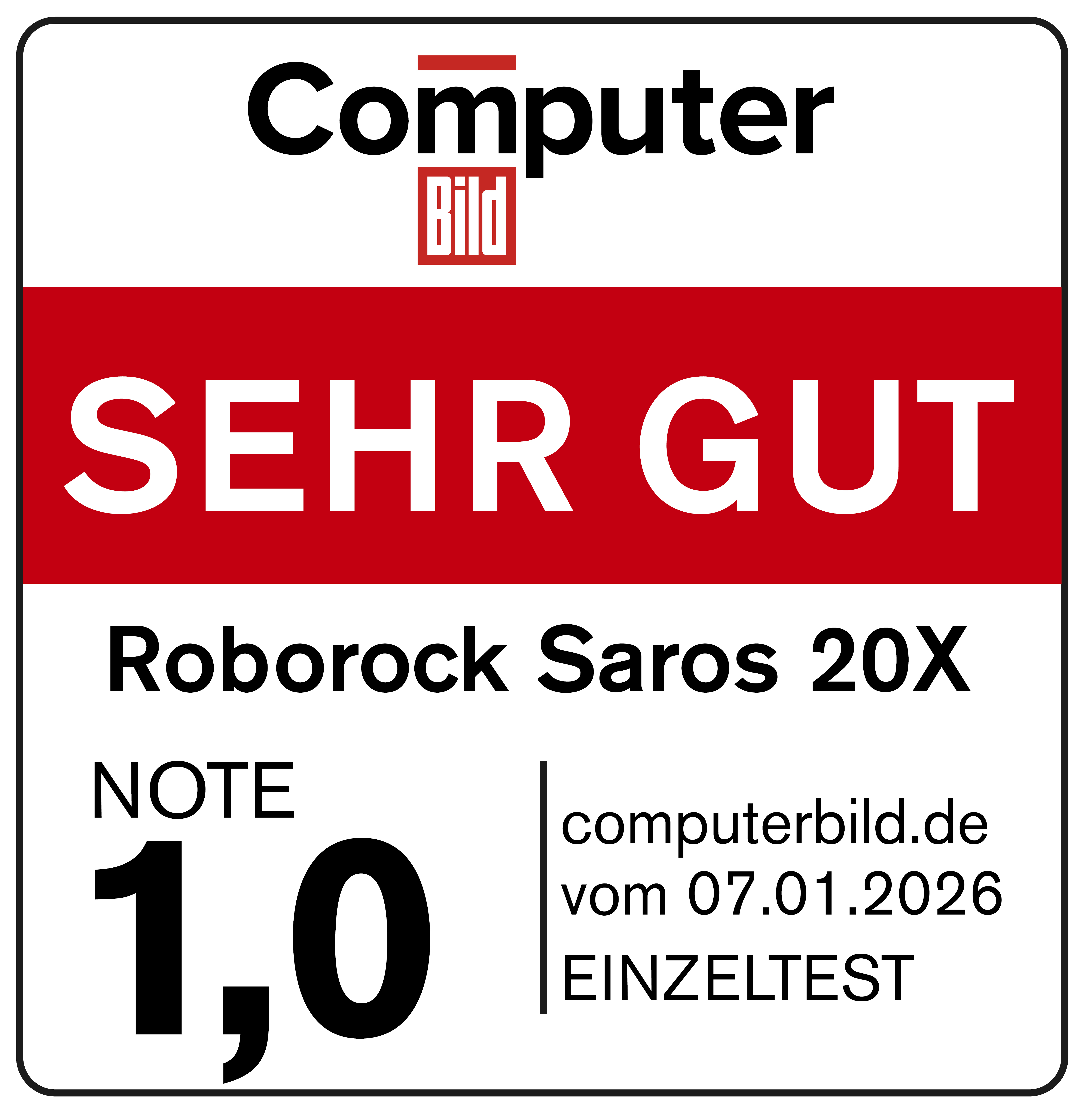 Computer Bild: SEHR GUT für Roborock Saros 20X, Note 1,0.