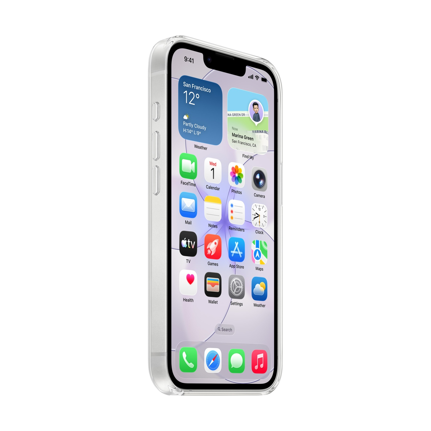 Un iPhone in custodia trasparente mostra app e widget, tra cui meteo e calendario.