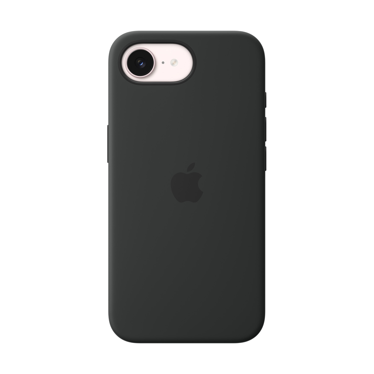 Custodia nera per telefono con logo Apple e foro fotocamera.