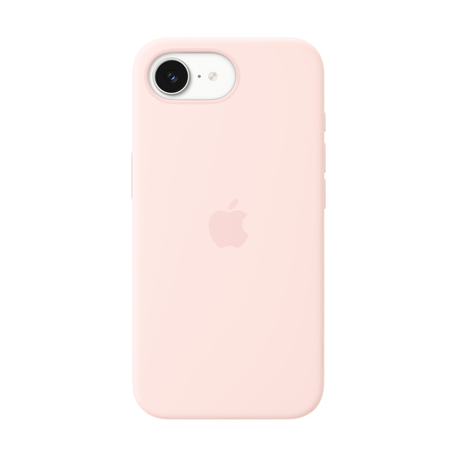 Una custodia rosa per telefono con il logo Apple al centro.