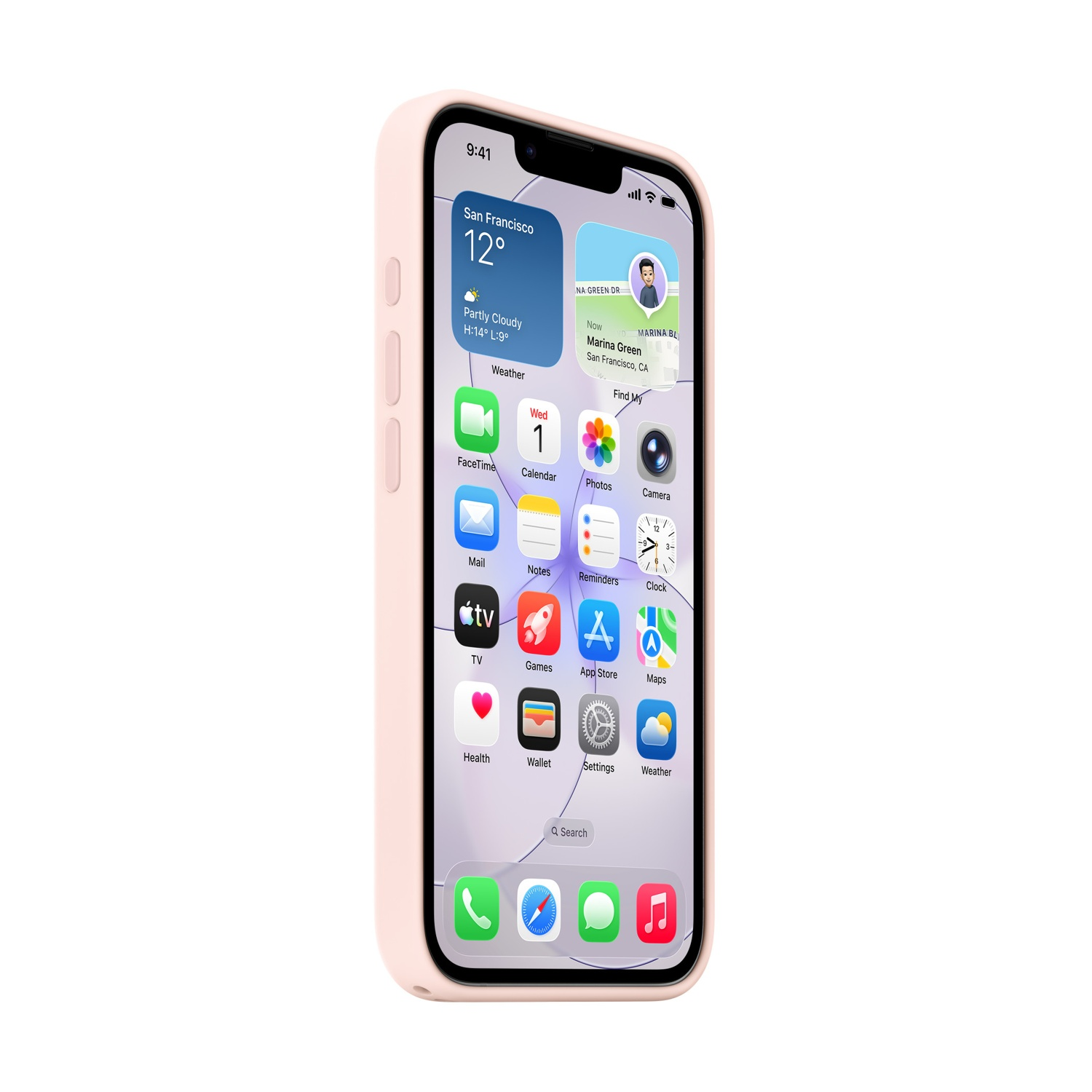 Un iPhone rosa in modalità verticale mostra widget meteo e contatti sul suo schermo.