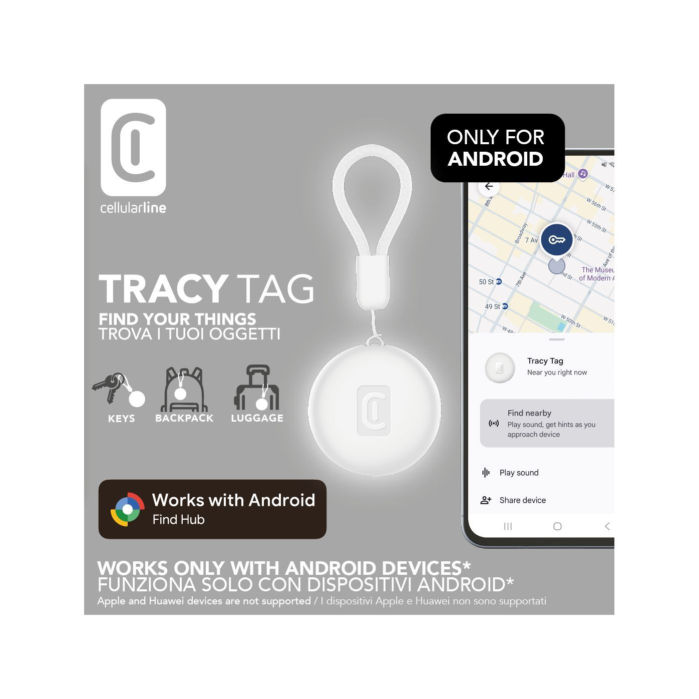 Localizador Tracy Tag para llaves, mochila y equipaje, mostrado junto a móvil Android con mapa y aviso “Works with Android”.