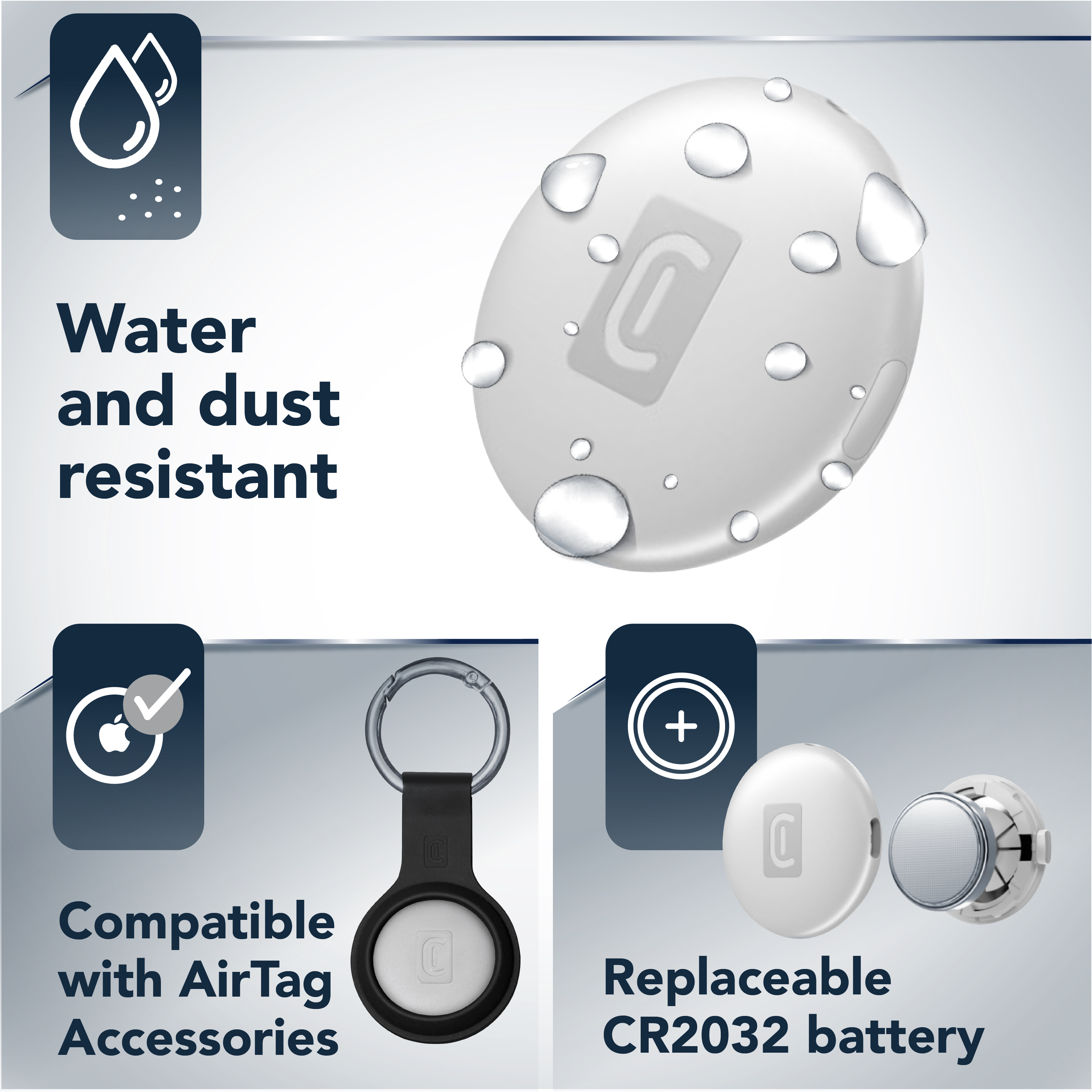 Primer plano de Tracy Tag blanco con gotas de agua, compatible con accesorios AirTag y pila CR2032 reemplazable.