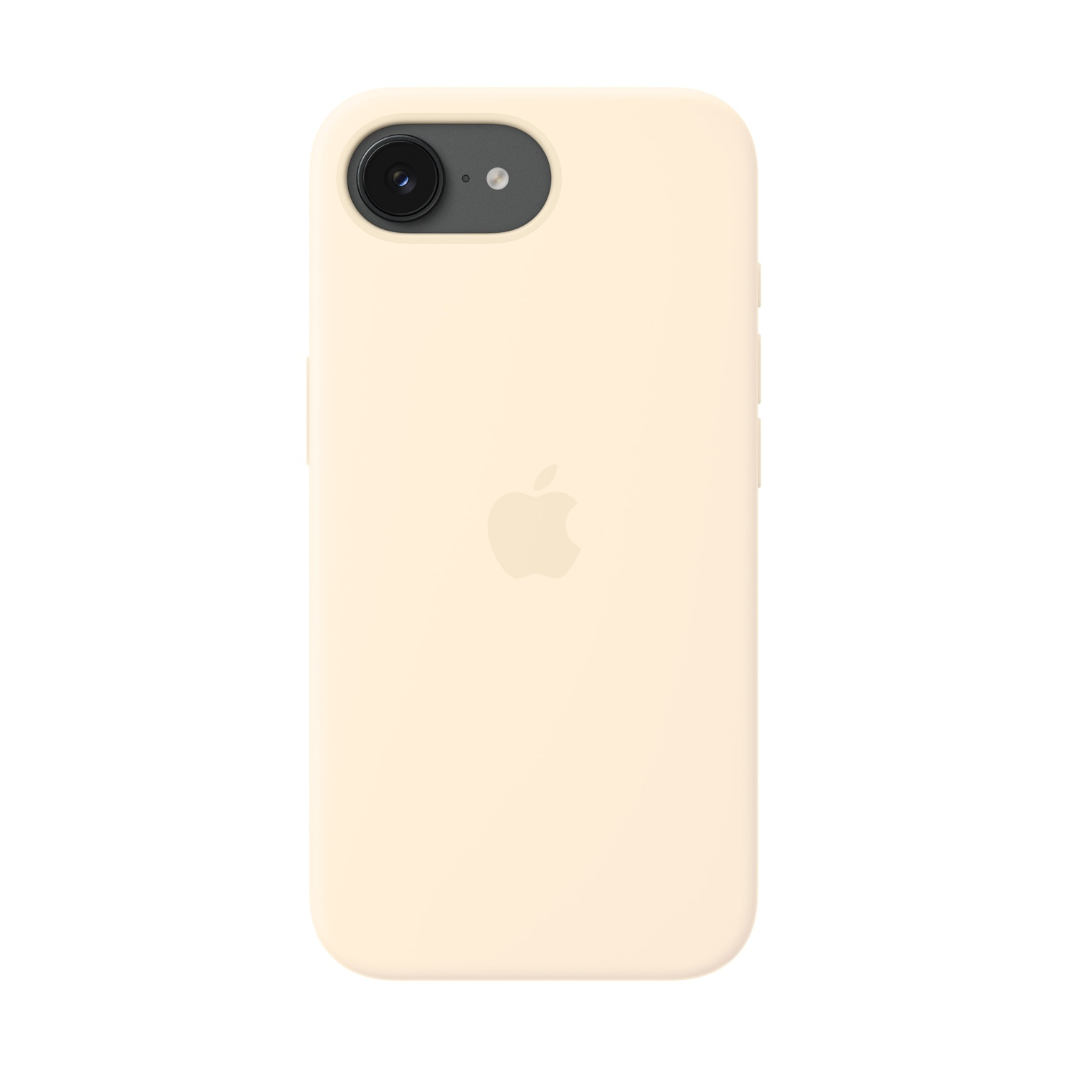 Una custodia per telefono color crema con logo Apple al centro.