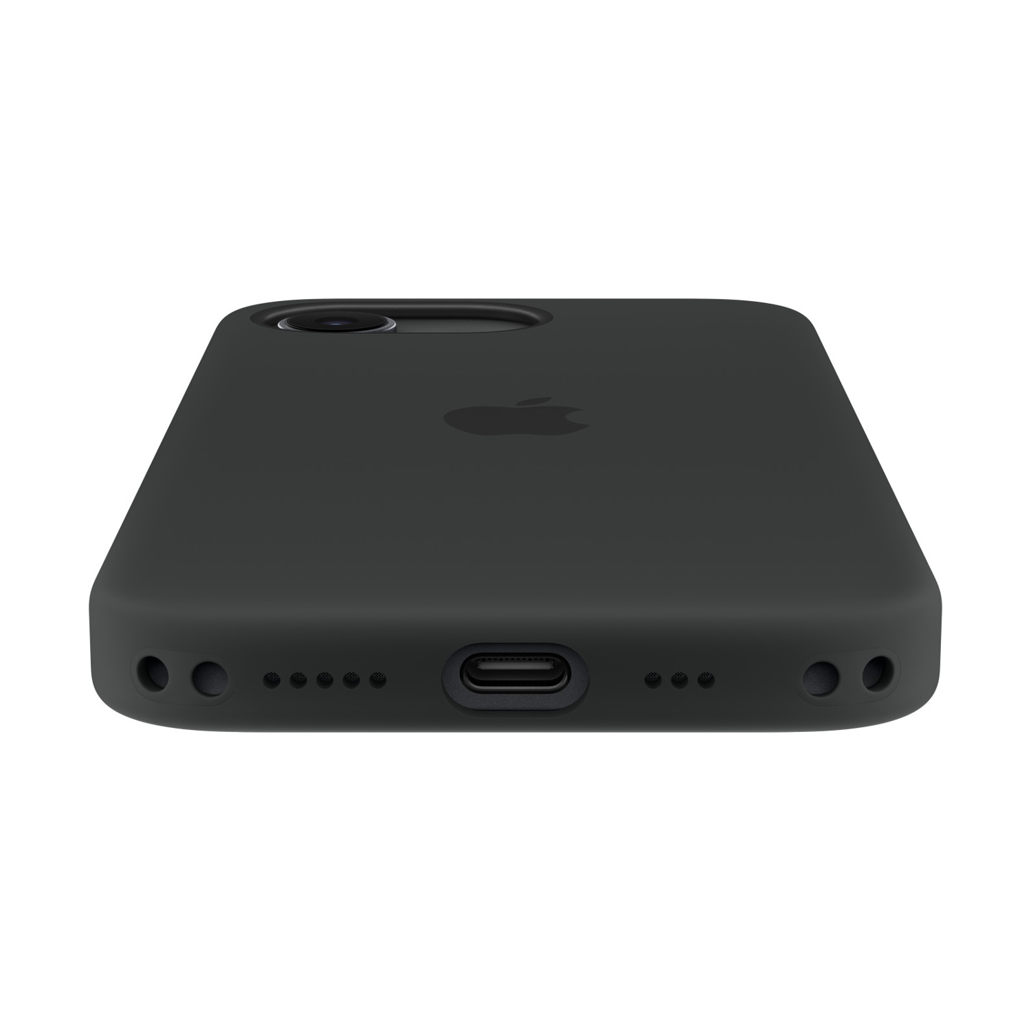 Cover nera per iPhone con logo Apple. Primo piano del bordo inferiore.