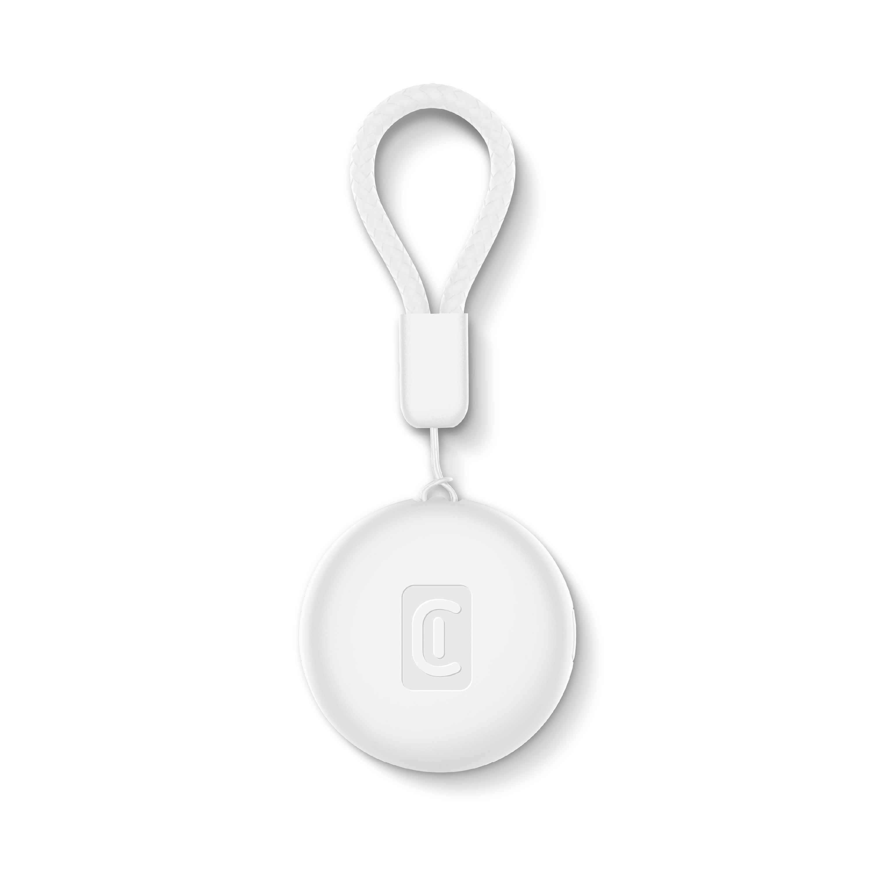 Un colgante redondo blanco con correa trenzada en un cordón.
