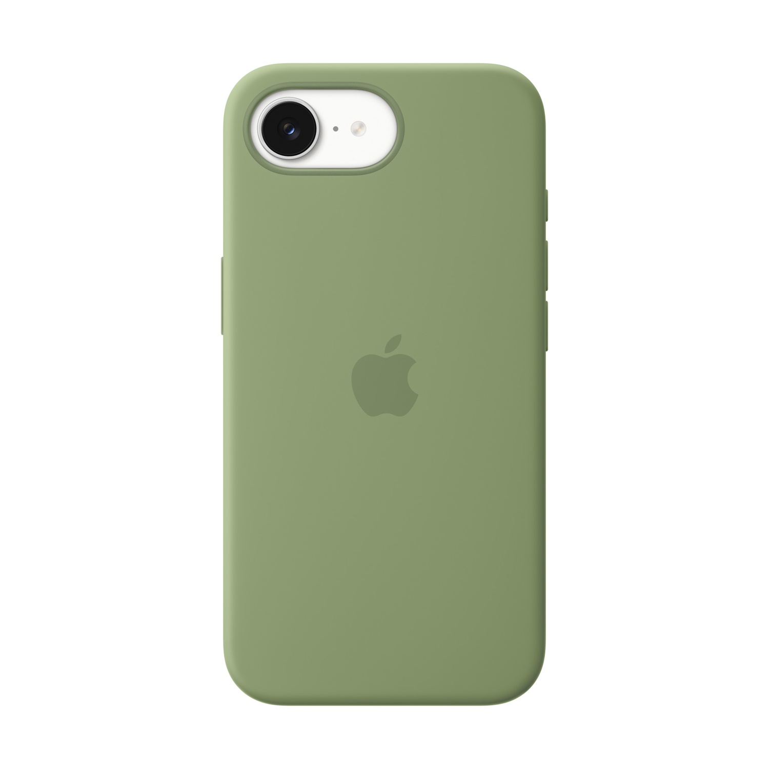 Una cover verde per iPhone con logo Apple e foro per fotocamera.