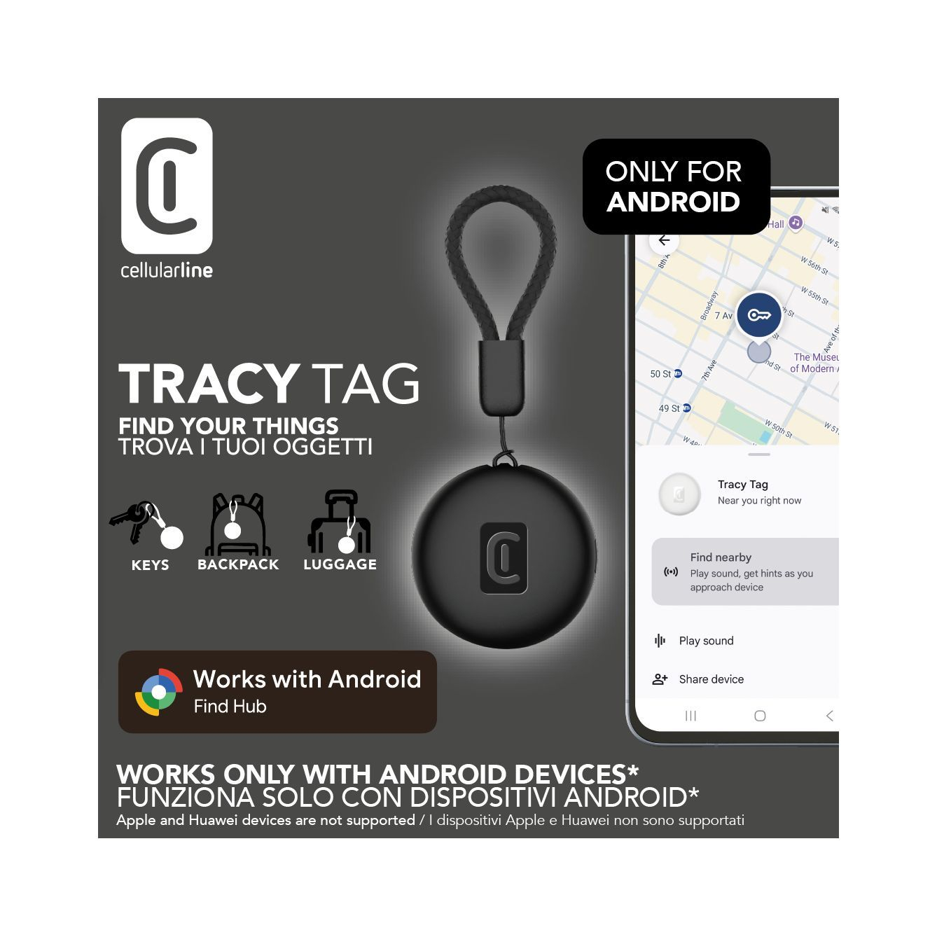 Localizador Tracy Tag para llaves, mochila y equipaje, mostrado junto a móvil Android con mapa y aviso “Works with Android”.