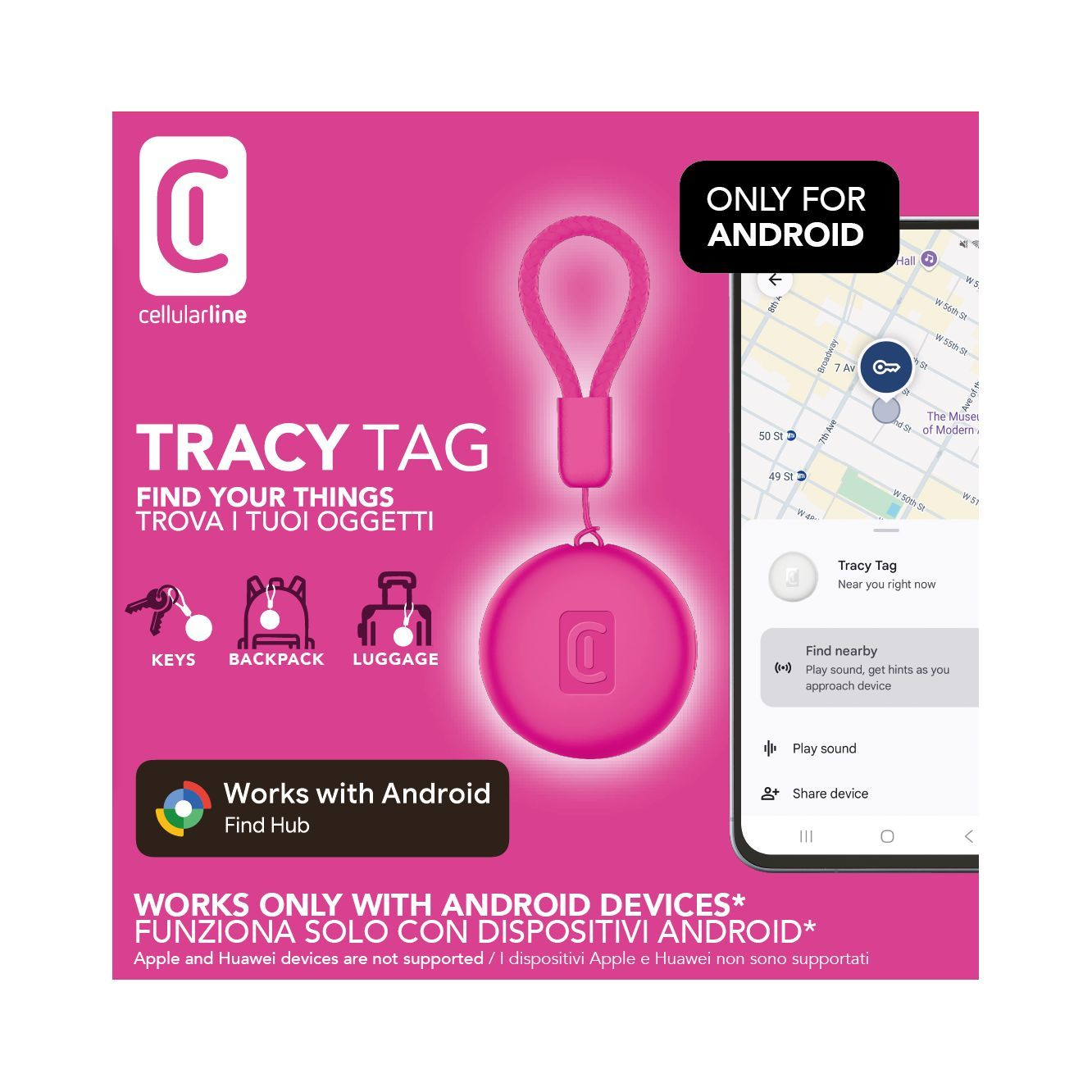Localizador Tracy Tag para llaves, mochila y equipaje, mostrado junto a móvil Android con mapa y aviso “Works with Android”.