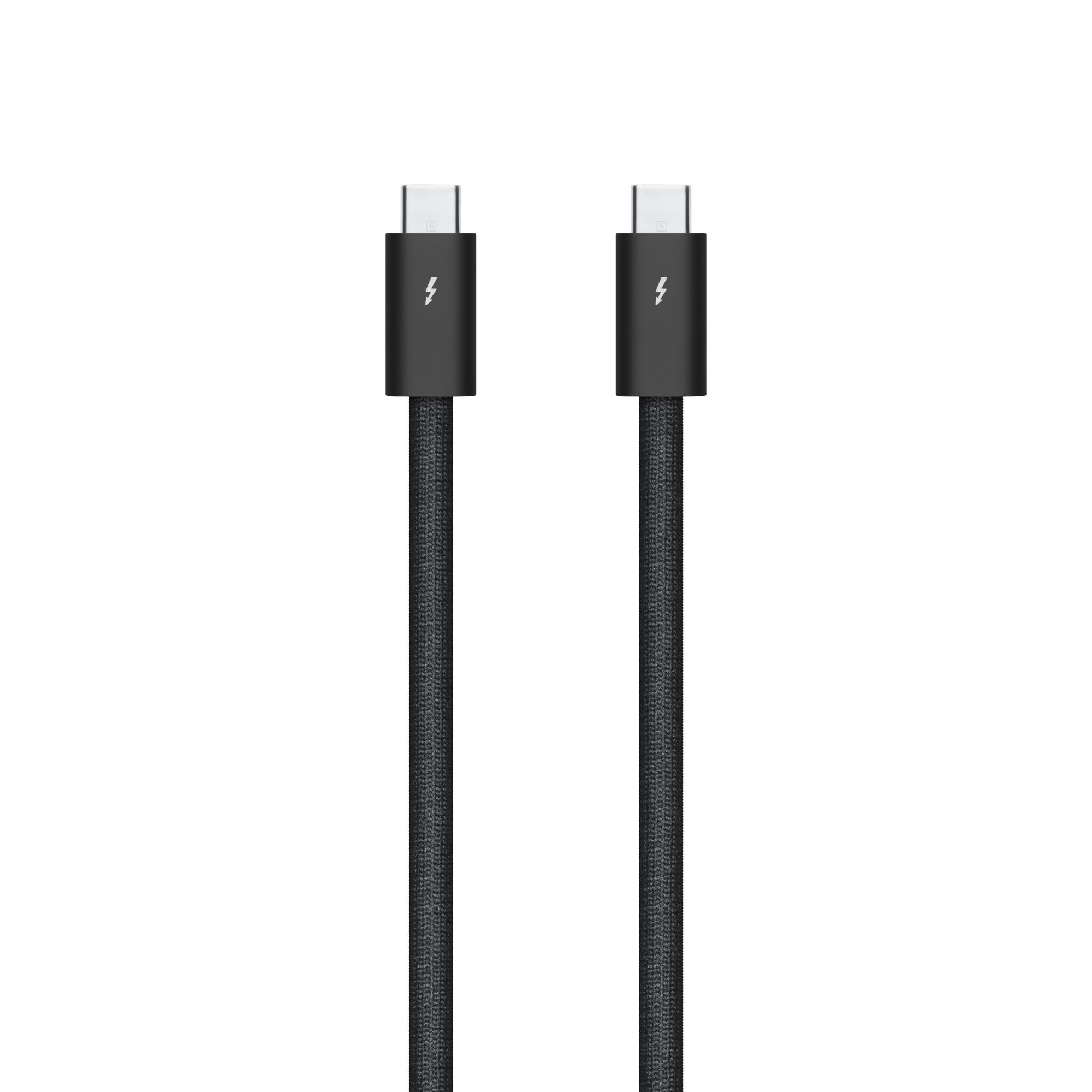 Zwei schwarze Thunderbolt-Kabel mit silbernen Anschlüssen auf weißem Hintergrund.