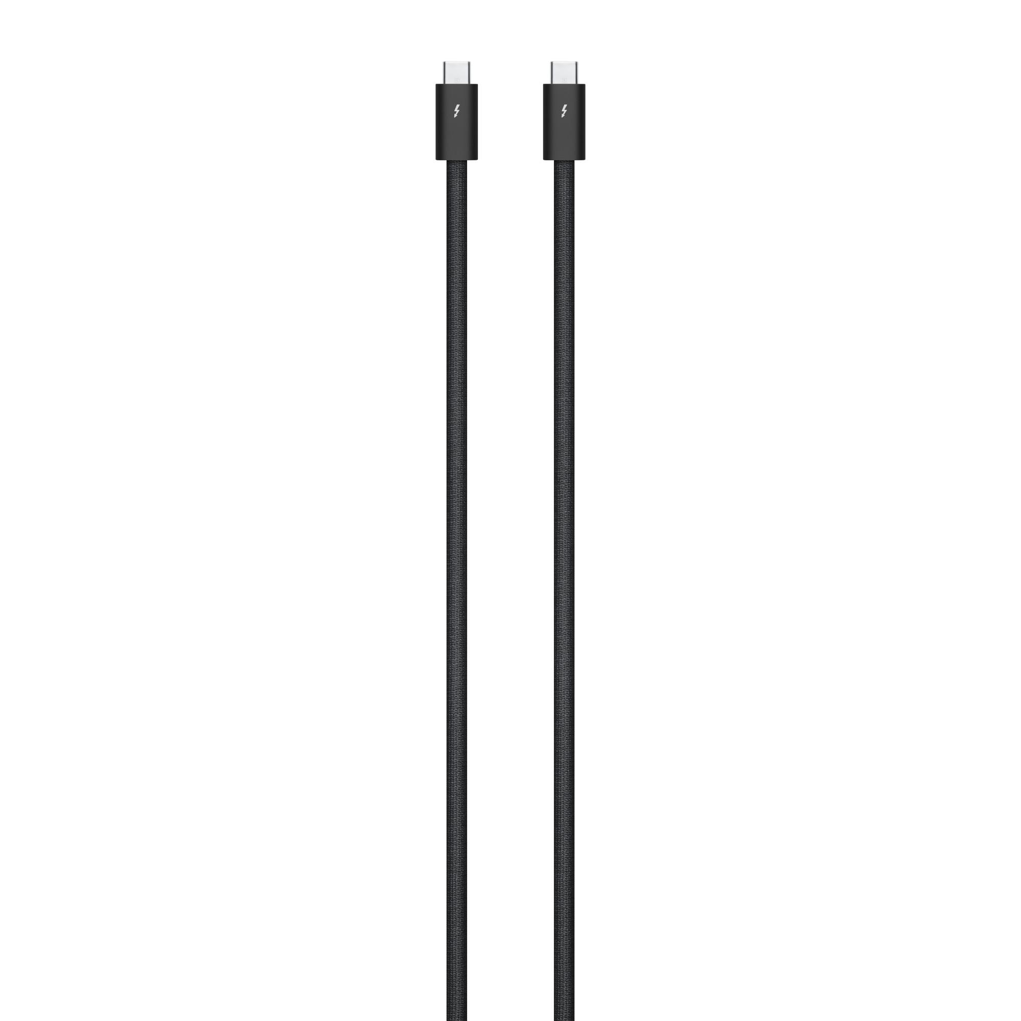 Zwei schwarze Thunderbolt-Kabel mit silbernen Anschlüssen auf weißem Hintergrund.