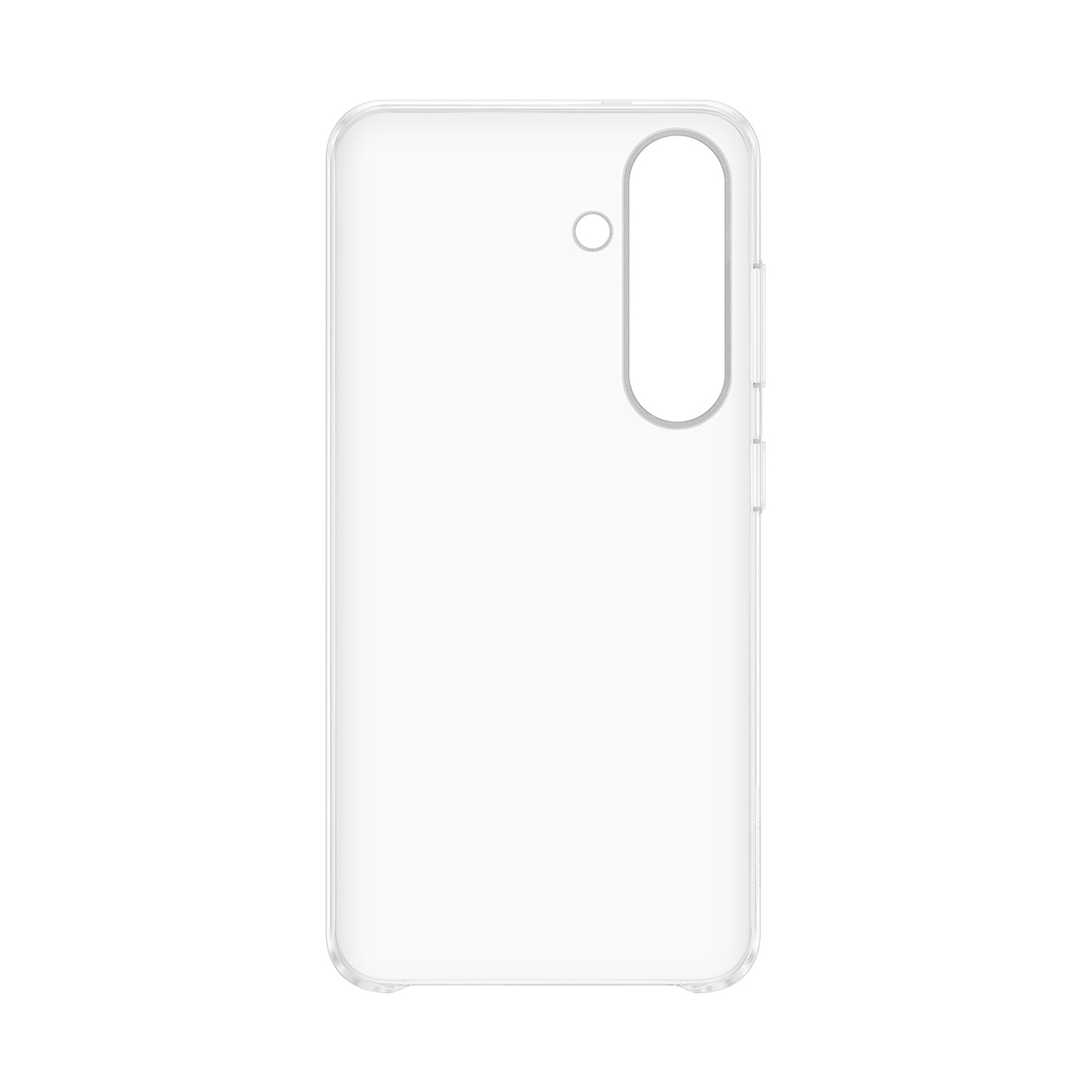 Una cover trasparente per telefono con ritaglio per obiettivo fotocamera su sfondo bianco.
