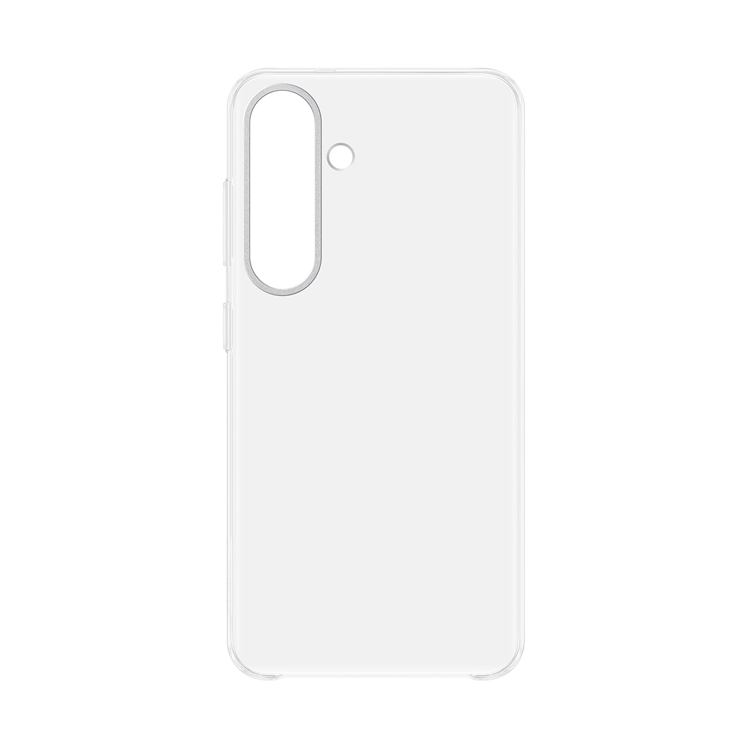 Una cover trasparente per telefono con ritaglio fotocamera su sfondo bianco.