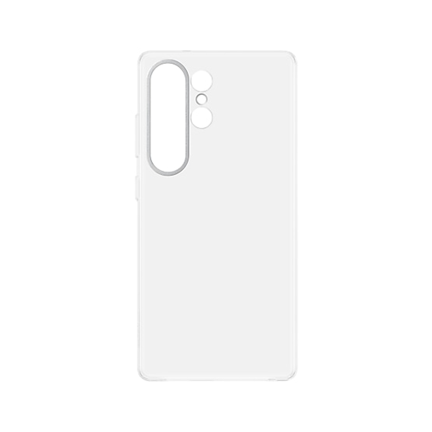 Custodia trasparente per telefono con contorno grigio e foro fotocamera.