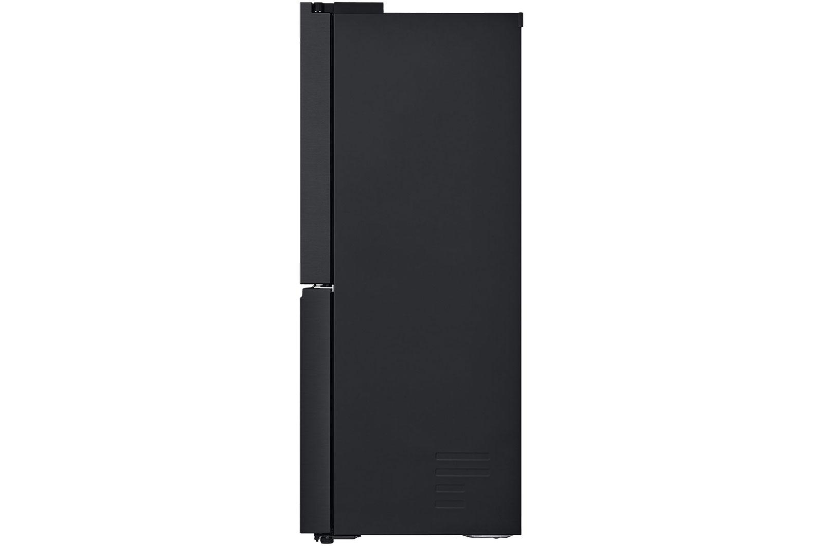 Schwarzer Kühlschrank von der Seite mit horizontalen Linien unten.