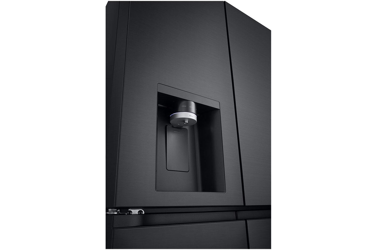 Schwarzer Kühlschrank mit Wasserspender und Touch-Bedienfeld.