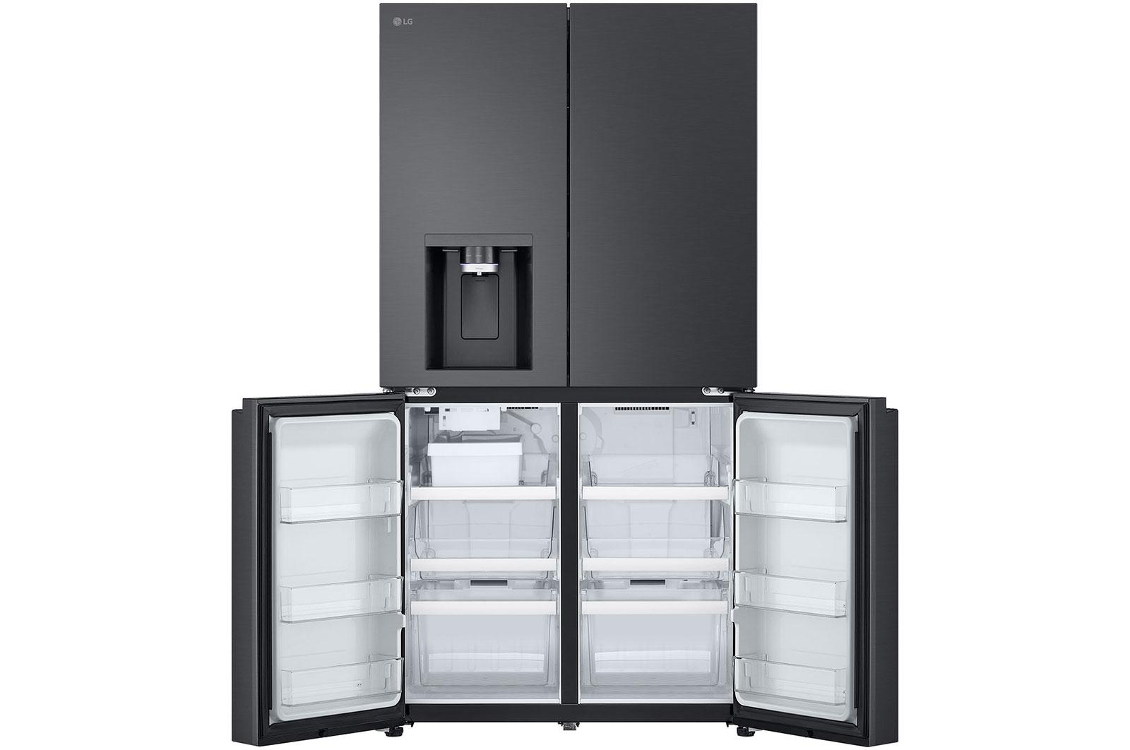 Ein schwarzer LG-Kühlschrank mit vier Türen, die oberen beiden sind geschlossen, die unteren beiden sind offen.