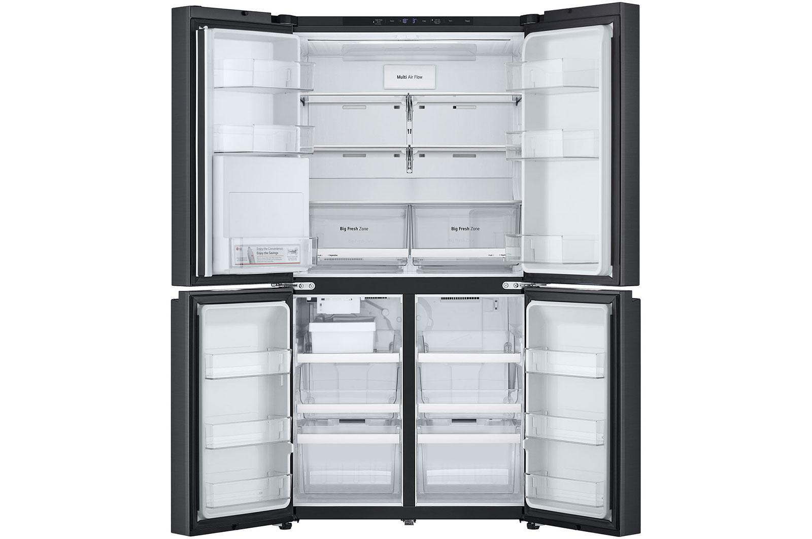 Offener schwarzer Kühlschrank mit mehreren Fächern und Schubladen.